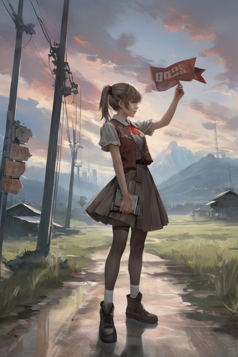 dal, 1girl, arm_at_side, axleaki, bangs, bird, black_footwear, blush, brown_eyes, brown_hair, brown_shirt, cloud, cloudy_sky, collared_shirt, day, grey_legwear, grey_skirt, hair_between_eyes, hand_up, highres, holding, holding_sign, landscape, long_hair, looking_at_viewer, mountain, mountainous_horizon, neck_ribbon, open_clothes, open_mouth, open_vest, original, outdoors, pleated_skirt, power_lines, red_ribbon, ribbon, rice_paddy, road_sign, scenery, shirt, shoes, short_sleeves, sign, skirt, sky, socks, solo, standing, sunset, utility_pole, vest, wide_shot