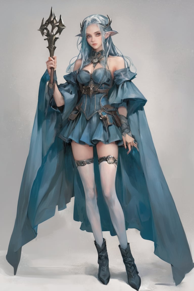 dal, 1girl, solo, long hair, breasts, large breasts, hair ornament, red eyes, thighhighs, dress, cleavage, bare shoulders, jewelry, very long hair, blue hair, standing, full body, braid, earrings, boots, pointy ears, wide sleeves, white thighhighs, sleeves past wrists, aqua hair, thigh boots, staff, elf, gem, holding staff