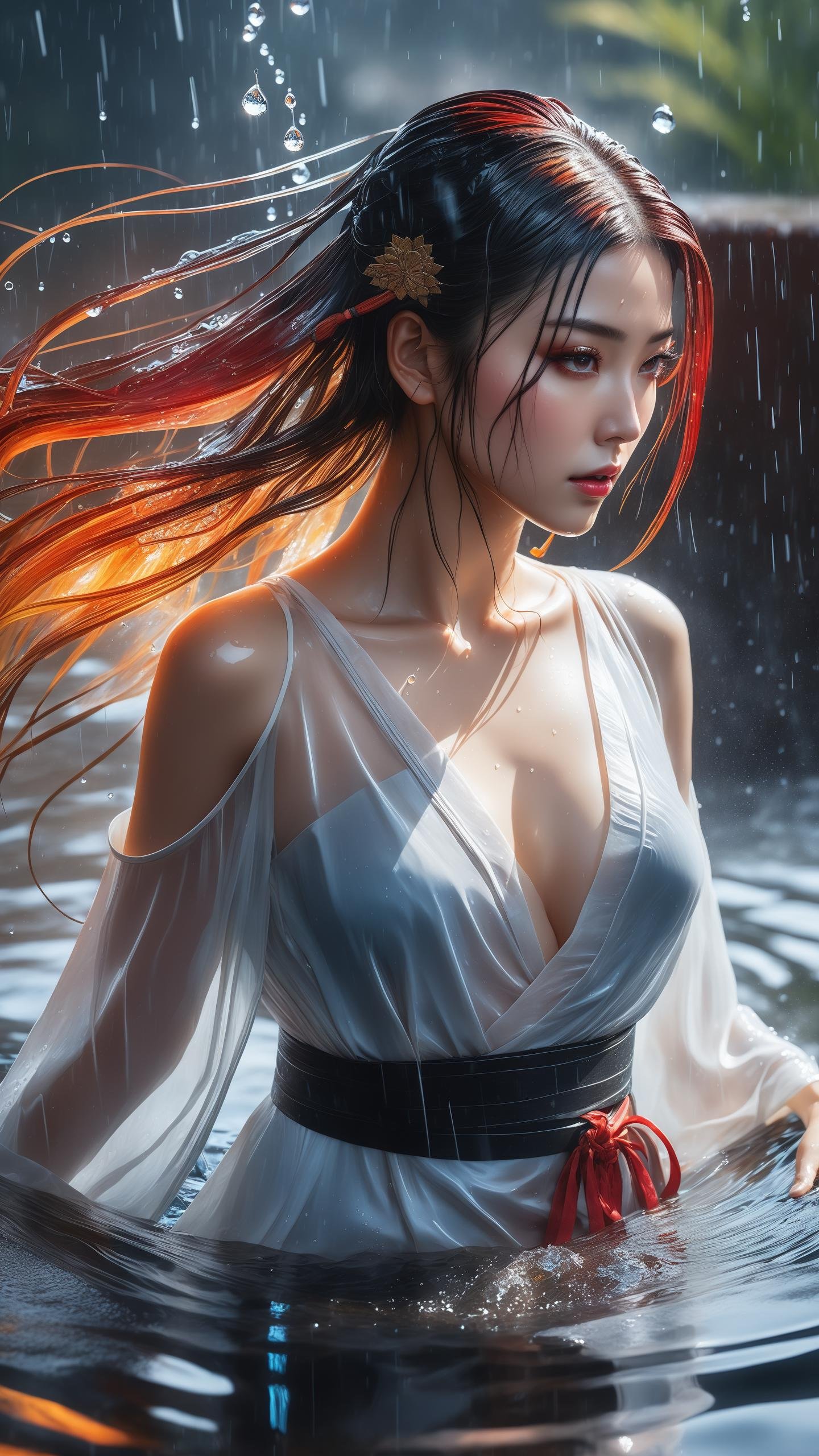 (Highest picture quality), (Master's work), (ultra-detailed), the portrait is centered, 1girl, raiden shogun, nsfw, (wet clothes), blush, bare hips, (sheer shirt), (from above:1.7), (translucent dress), water drop, (rain), (outdoors), stained, wet hair, wet dress, wet, scenery, (long hair), nature background, close up, ((on back)), water, lying in water, masterpiece, best quality, ultra high res, highly detailed, (abstract expressionism art:1.4), [girl | fire ghost:10], love, sparking fire red eyes, dark rainbow theme, colorful, visually stunning, beautiful, gorgeous, emotional, intricate, perferct shading, rainbow hair