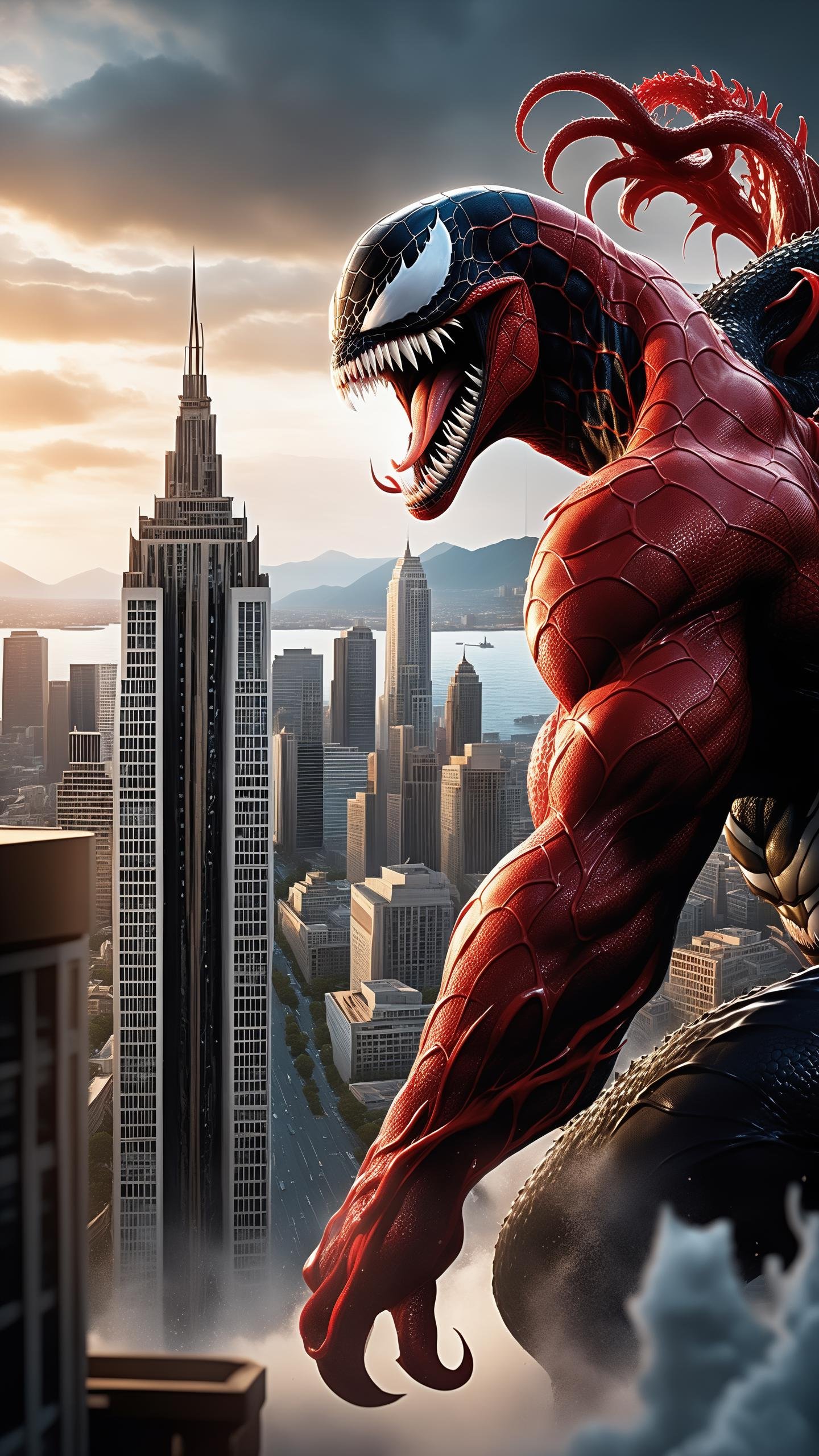 perfect mix between Carnage from Marvel and Godzilla, with Carnage's red tentacles protruding from his entire body, destroying city, blood, epic, (cataclysmic, white eyes like venom, gargantuan, taller than buildings, oversized, gigantic:1.9), absurdres, best quality, fantasy style, (intricate details), (hyperdetailed), 8k hdr, high detailed, lot of details, high quality, soft cinematic light, dramatic atmosphere, atmospheric perspective