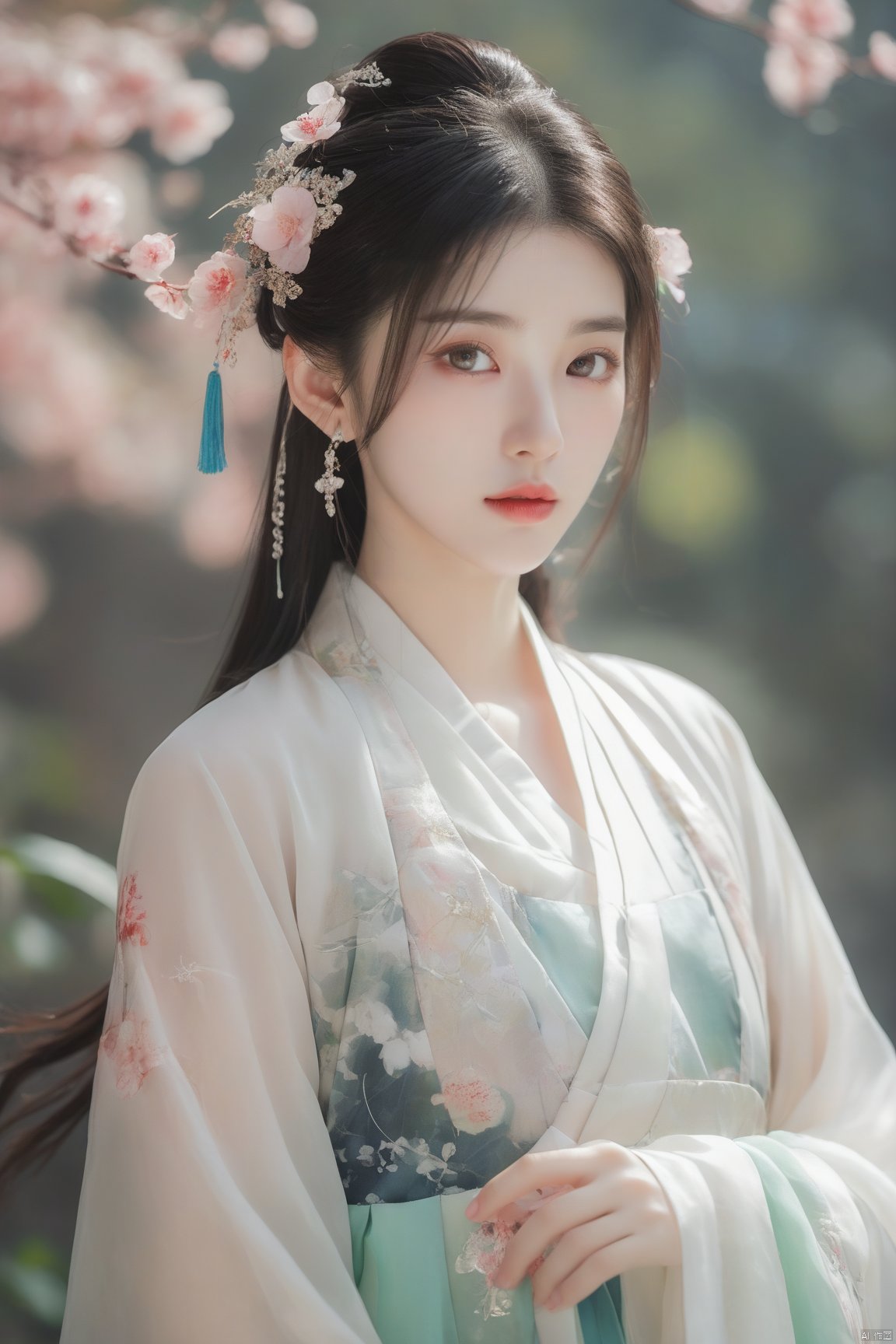  arien_hanfu,1girl, solo, flower, long hair, black hair, hair ornament, (big breasts:1.39),hair flower, blue|green eyes, floral print, chinese clothes, looking at viewer, detached sleeves, upper body, white flower, parted lips, dress, pink flower, china dress, bare shoulders, blush, red flower, eyelashes, white dress, lips, sleeveless, parted bangs, grey background, gongzhuqie, neon_dress,huansha, glowing,lens flare,big leaf,plant, wind, chang,(big breasts:1.66), light master, MAJICMIX STYLE