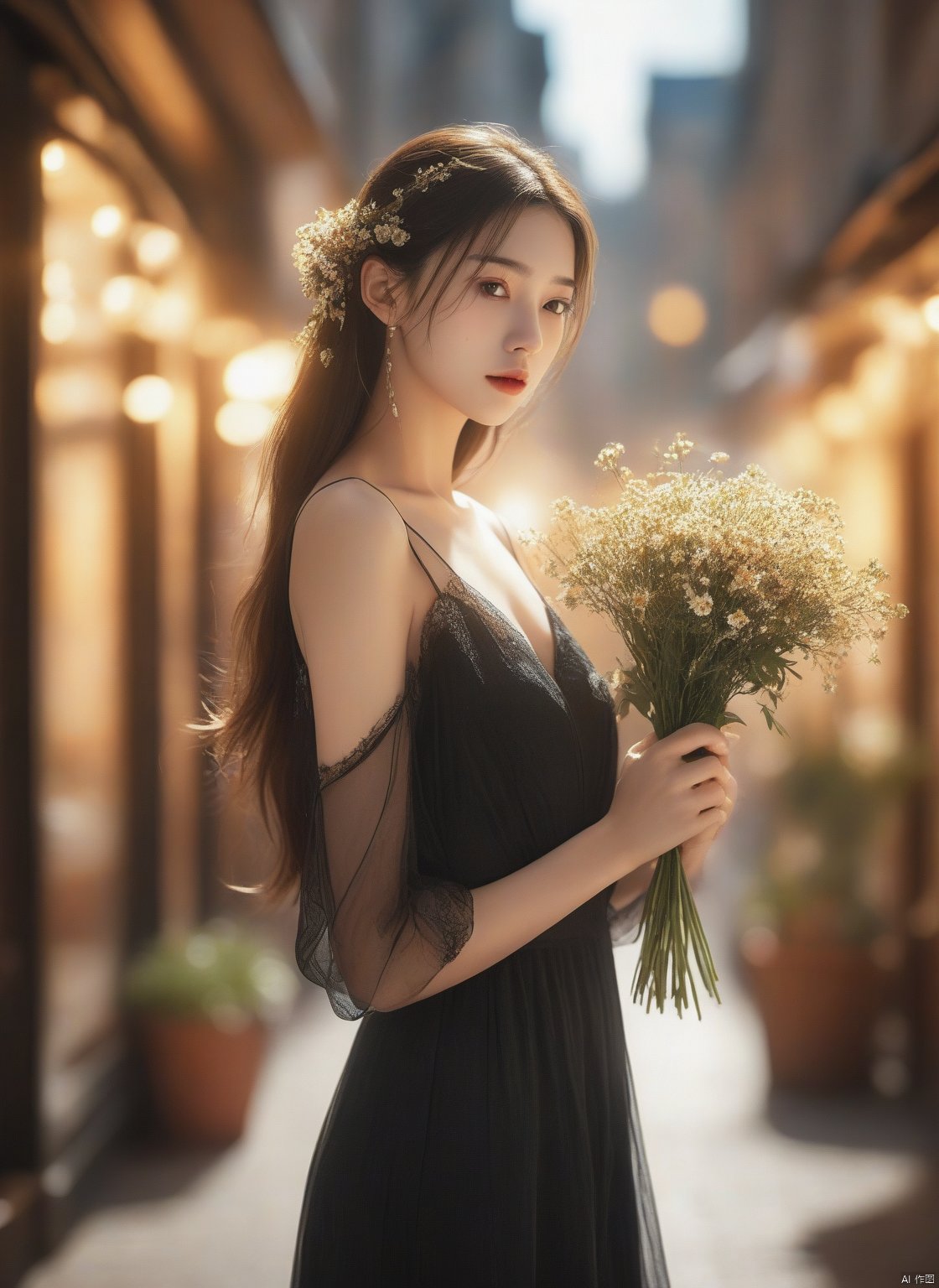  1girl,8k wallpaper,extremely detailed figure, amazing beauty, detailed characters, indoor,black dress, holding flowers, light and shadow, depth of field, light spot, reflection,upper body,nigth,street