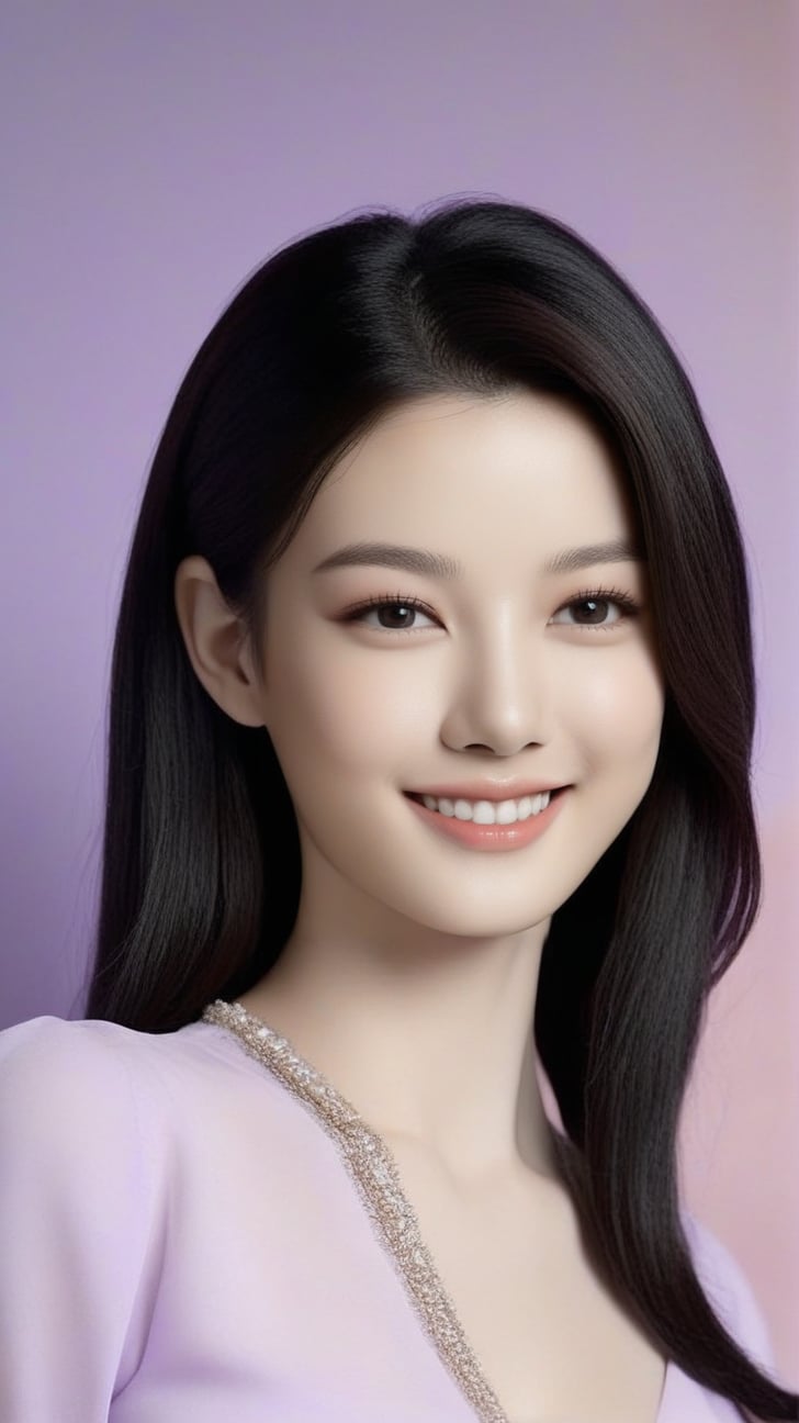 Hyper-realistic portrait of a girl,20yo,detailed symmetric face,detailed soft shiny skin,(black eyes),small face,cute smile,long black hair,jewelry,(Lilac,Beige,Maltese Terracotta,Flamingo Pink color),elegant suit,jewelry, bokeh backdrop,studio photo,trending on artstation,model photography,Masterpiece,HDR, intricate details,sharp focus,high contrast,Kodakchome 800,rembrandt lighting,by Karol Bak, Alessandro Pautasso and Hayao Miyazaki,real_booster, art_booster,kim youjung