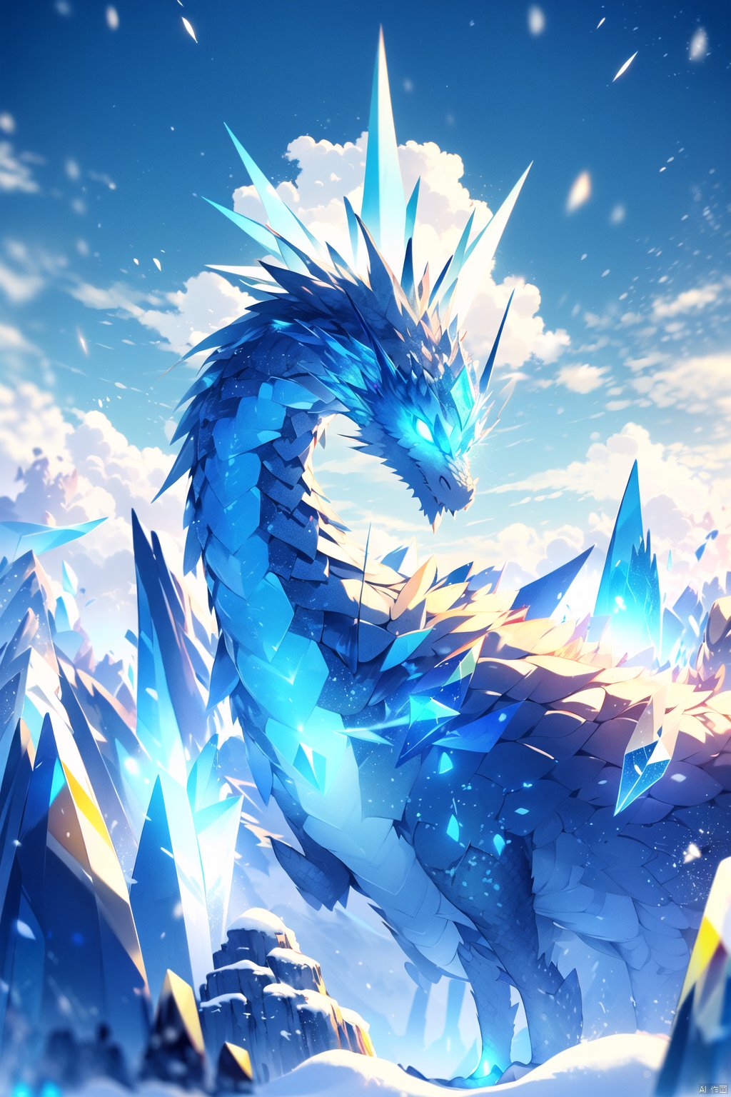  (\han yu long huang\),no humans, dragon, sky, crystal, ice, cloud, outdoors, glowing, wings, scales, blue sky, day, looking at viewer, snow