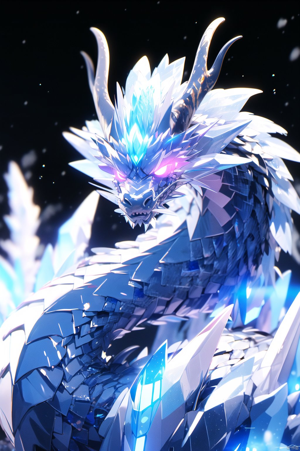 (\han yu long huang\), no humans, dragon, glowing, glowing eyes, ice, horns, teeth,  solo