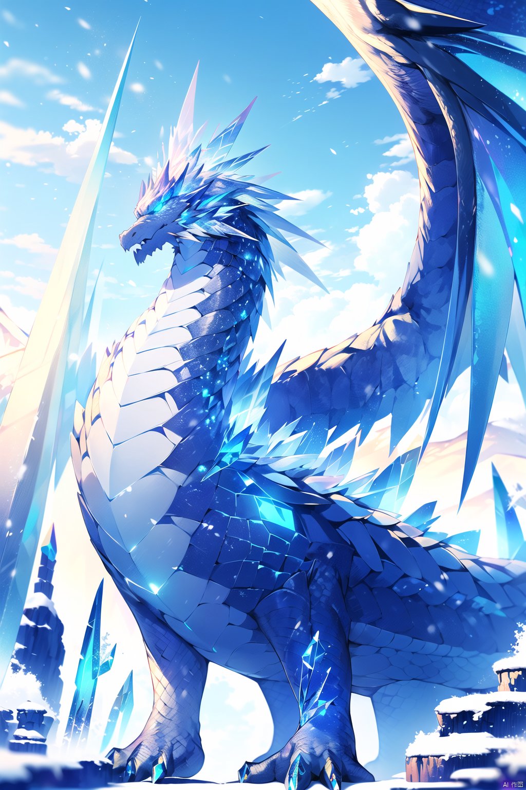  (\han yu long huang\),no humans, dragon, sky, crystal, ice, cloud, outdoors, glowing, wings, scales, blue sky, day, looking at viewer, snow