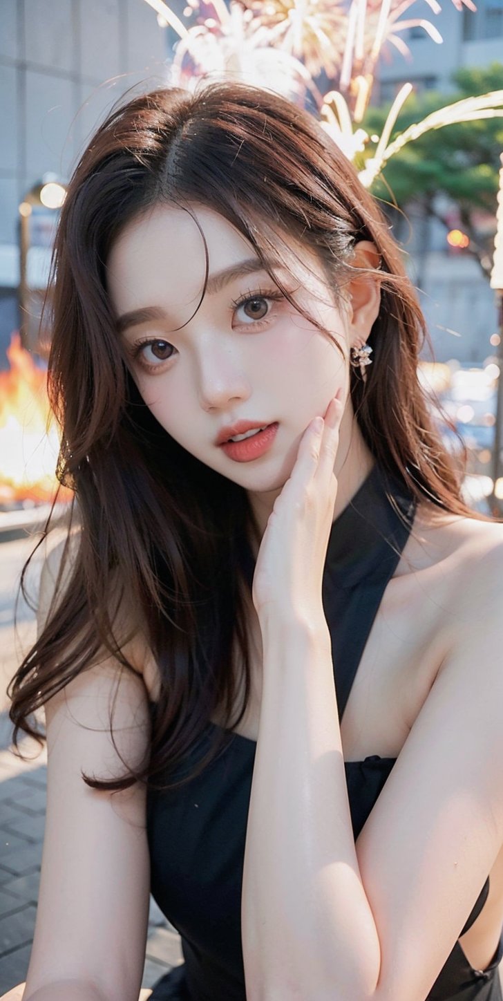 Yewon, 1 girl, detailed face, a woman with long black hair and a black dress, (((Nsfw))), outdoor scene, (night light), led lighting, magnificent light, ((fire works)), close up, portrait, upperbody, RAW, (intricate details:1.3), (best quality:1.3), (masterpiece:1.3), (hyper realistic:1.3), best quality, 1 girl, ultra-detailed, ultra high resolution, very detailed mphysically based rendering, dynamic angle, dynamic pose, wind, 8K UHD, Vivid picture, High definition, intricate details, detailed texture, finely detailed, high detail, extremely detailed cg, High quality shadow, a realistic representation of the face, beautiful detailed, (high detailed skin, skin details), slim waist, beautiful and realistic and detailed hands and fingers:1, best ratio four finger and one thumb, (detailed face, detailed eyes, beautiful face), ((korean beauty, kpop idol, ulzzang, korean celebrity, korean cute, korean actress, korean, a beautiful 18 years old beautiful korean girl)), (high detailed skin, skin details), Detailed beautiful delicate face, Detailed beautiful delicate eyes, a face of perfect proportion, (beautiful and realistic and detailed hands and fingers:1.3), (Big breasts:1.3), (full body shot:1.3), (long legs:1.3), (sparkling eyes:1.3), (sparkling lips:1.3), taken by Canon EOS, SIGMA Art Lens 35mm F1.4, ISO 200 Shutter Speed 2000, Vivid ((korean beauty, kpop idol, ulzzang, korean celebrity, korean cute, korean actress, korean, 인스타 여신:1.3, a beautiful 18 years old beautiful korean girl)), (blue eye), (black long hair),chanel_jewelry, chanel_bag, vancleef_necklace,Nice legs and hot body, see-through,hourglass bodyshape ,Yewon,perfect light,Jessy,pastelbg