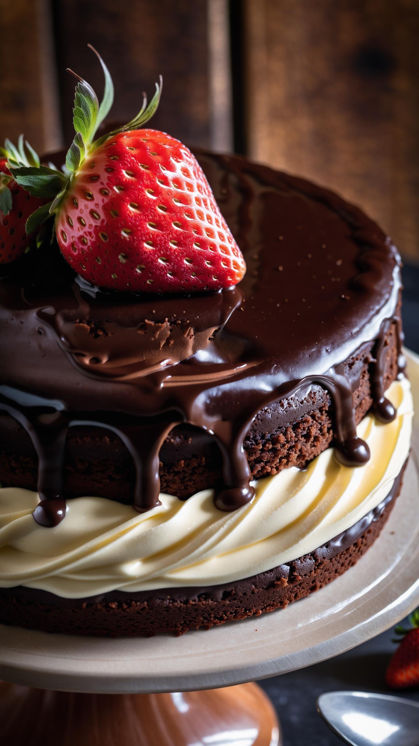 a photo of a cream chocolate cake, with chocolate topping and cream and a single strawberry, Warm side light from the left