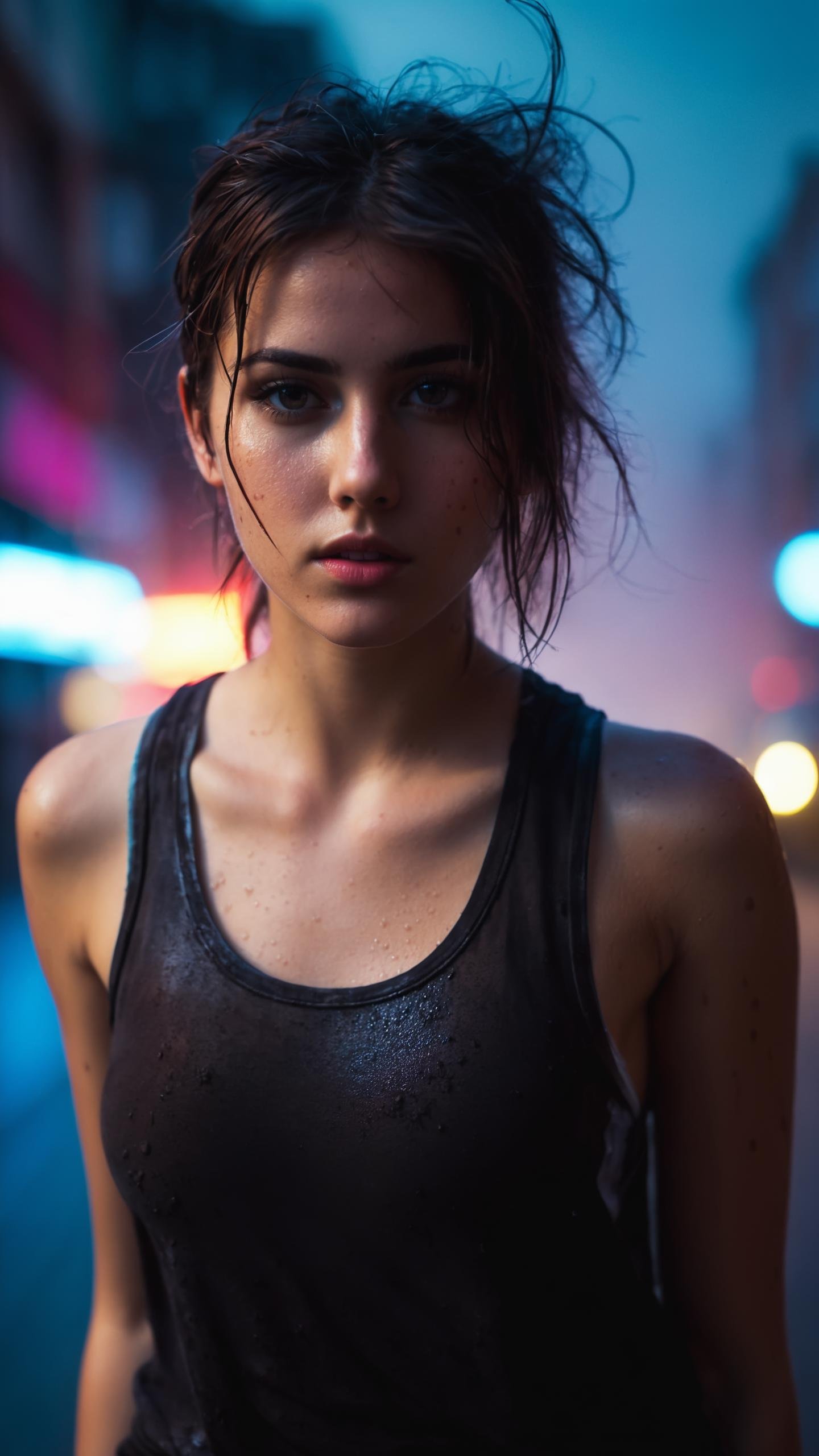 city street, neon, fog, volumetric, closeup portrait photo of young Italian woman in dark clothes, (messy hair:0.3), (beautiful body), (shot from distance), (dirty body:1.6), Indifferent, (body sweat), (wet body), tank top, depth of field, (gorgeous:1.2), detailed face, dark theme, Night, soothing tones, muted colors, high contrast, (natural skin texture, hyper realism, soft light, sharp), (freckles:0.3), (acne:0.2), Cannon EOS 5D Mark III