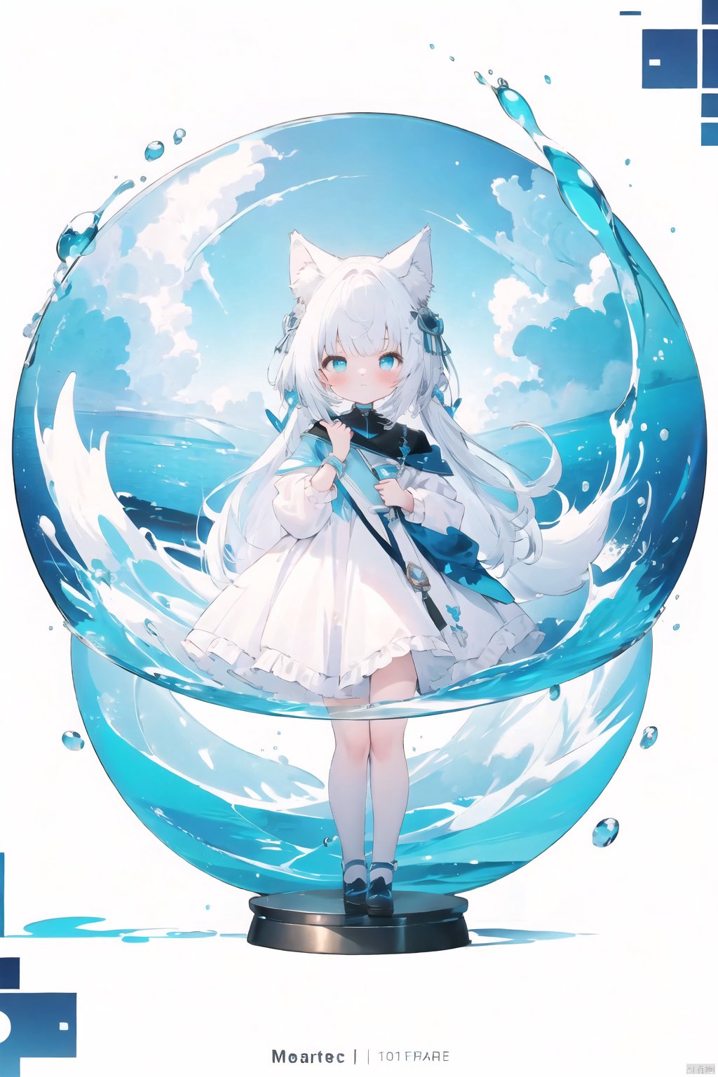  (masterpiece)), (((best quality))), ((ultra-detailed)), ((illustration)), white background,(1girl:1.3)aqua theme,white hair,blinking,white dress,wolf ears,spire,closed mouth,color edtips,constel lation,flat color,noline art,fish print, cloud, paper fish,Glass sphere,girl inside glass sphere, midjourney