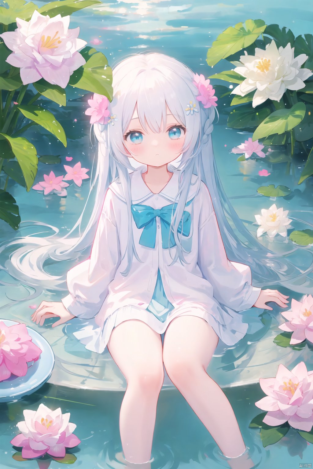  loli, petite, long hair, floating hair, messy hair, 1girl, white hair, white jacket, afloat, air bubble, bathtub, beach, berry, blue eyes, blue flower, bouquet, bow, braid, bubble, camellia, caustics, clover, coral, daisy, floral background, flower, food, fruit, hibiscus, horizon, hydrangea, in water, leaf, lily \(flower\), lily of the valley, lily pad, long sleeves, looking at viewer, lotus, ocean, partially submerged, petals on liquid, pink flower, purple flower, rain, red flower, ripples, rose, sailor collar, shallow water, snowflakes, soaking feet, solo, submerged, waves, white rose, yellow flower,,,,,, mz-hd, backlight