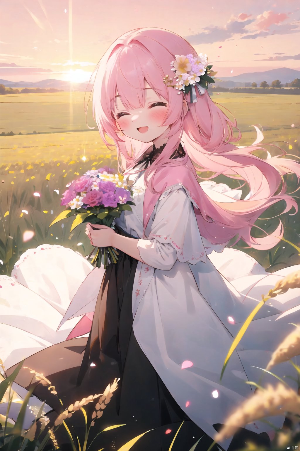  (drawn by Lynn Okamoto),center frame, sharp focus, (panorama, wide shot), best quality, masterpiece, extremely detailed, detailed background, (from above:1.2), 1girl, solo, pink hair, closed eyes, smile, open mouth, skirt, long hair, wavy hair, on side, fluffy hair, , french , blush, smile, capelet, lace trim, bodice, sunset, long dress, dusk, scenery, gold sky, high place, horizon, wheat field, wheat ears, wind, wind blow, looking at viewer, (depth of field), bokeh, (holding a flower:1.3), (holding:1.2),(medium):0.5,