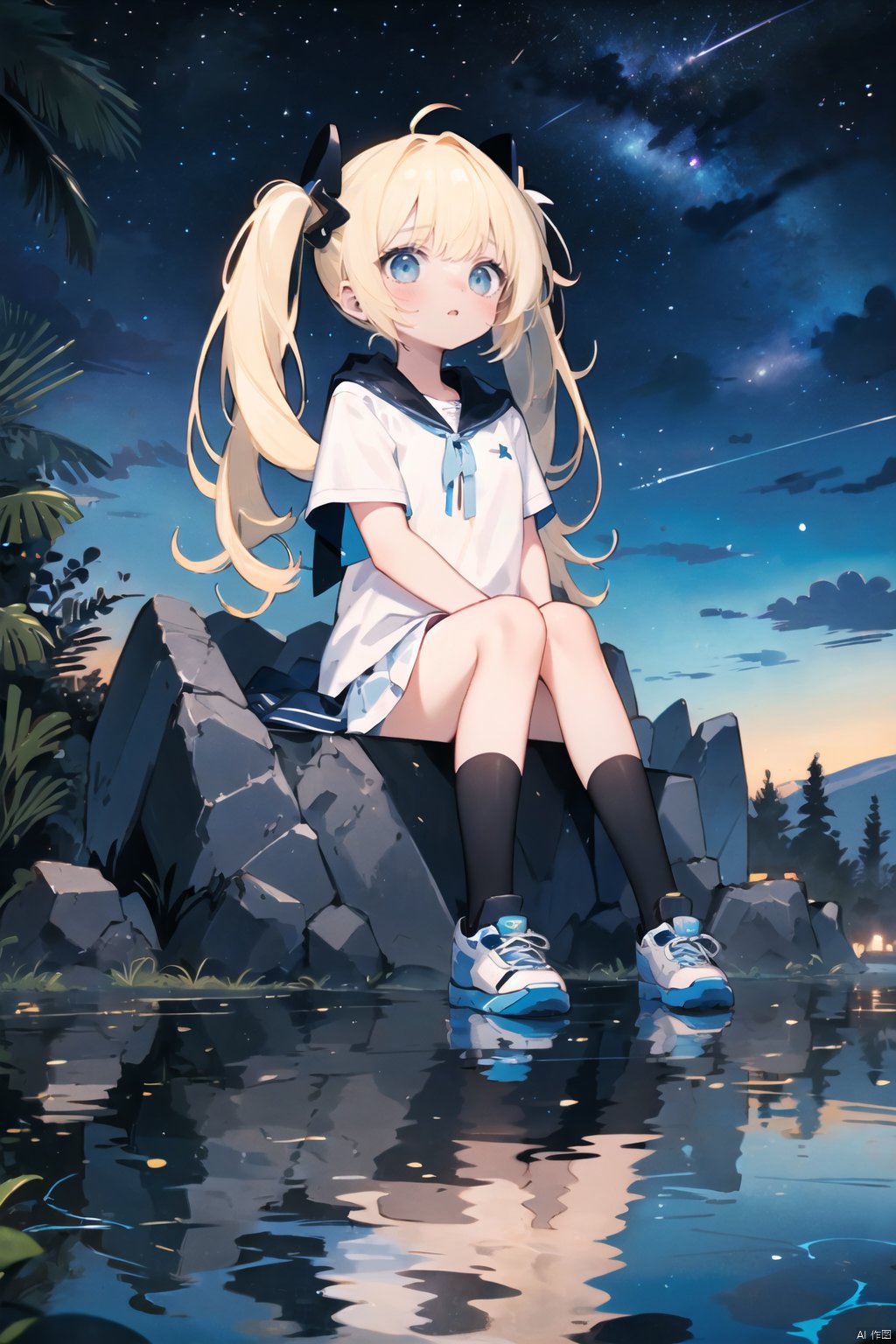  (masterpiece:1.2),best quality, 1girl,blonde hair,blue eyes,(very long twin tails,looking up),sharp hair,sitting,rocks,river,((reflection,night,star_(sky))),