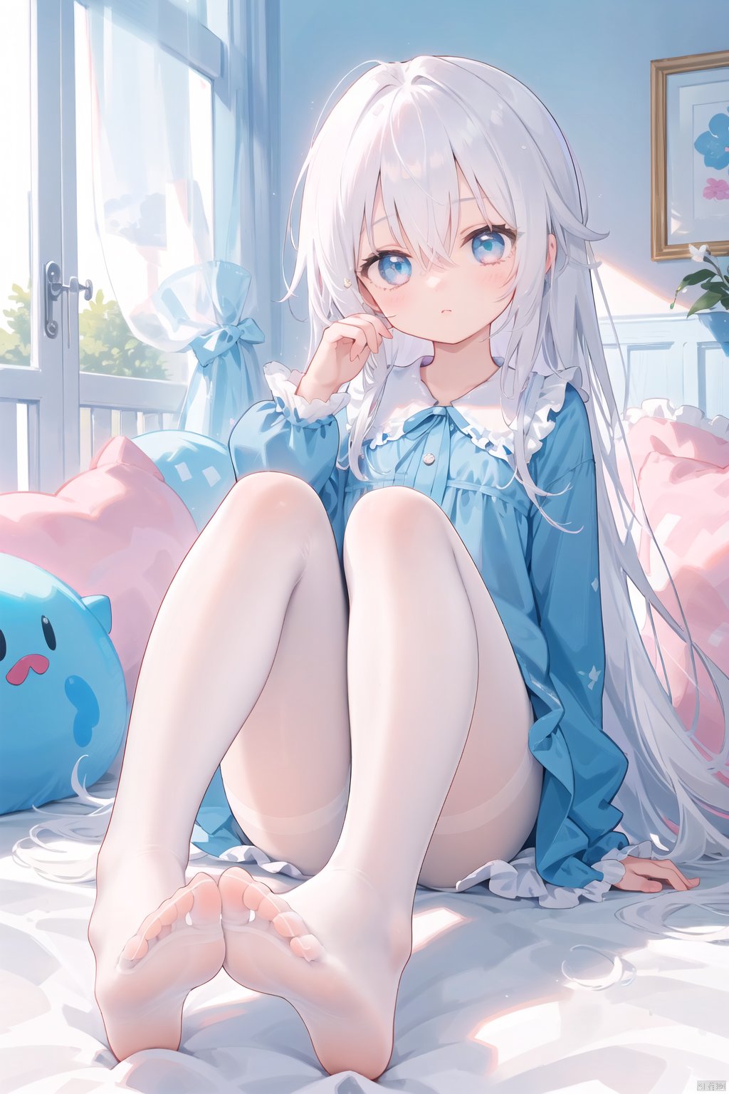  foot focus, 1girl, no shoes, solo, feet, pantyhose, soles, long hair, white pantyhose, looking at viewer, blue eyes, sitting, long sleeves, toes, bangs, foreshortening, hair between eyes, white hair, legs, frills, dress, hand up, thighband pantyhose, full body