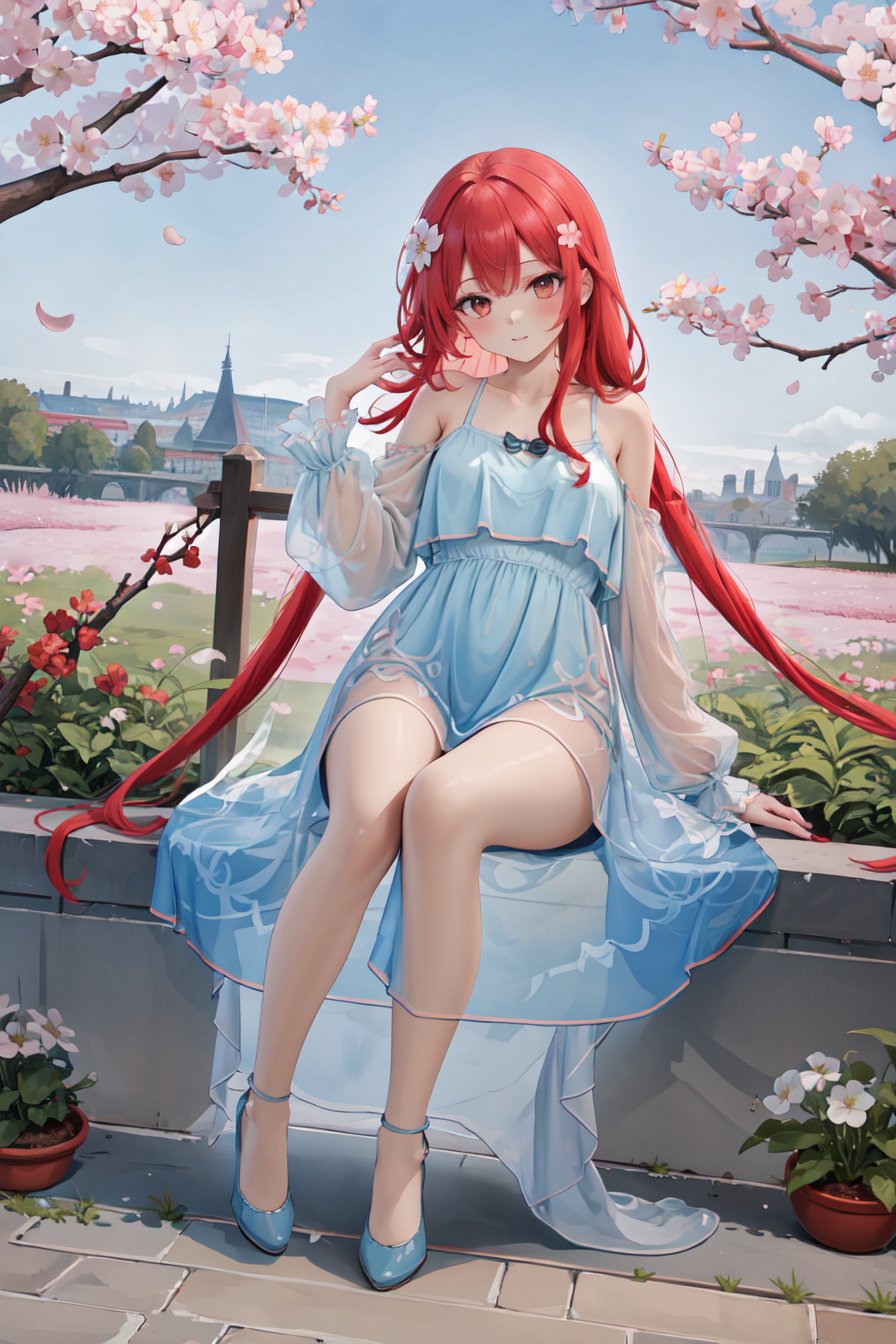 masterpiece,best quality,highres,ultra-detailed,full body,solo,1girl,medium_breasts,long hair,red hair,sitting,outdoors,garden,cherry blossom,trees,chiffon_dress,(see-through:1.2),