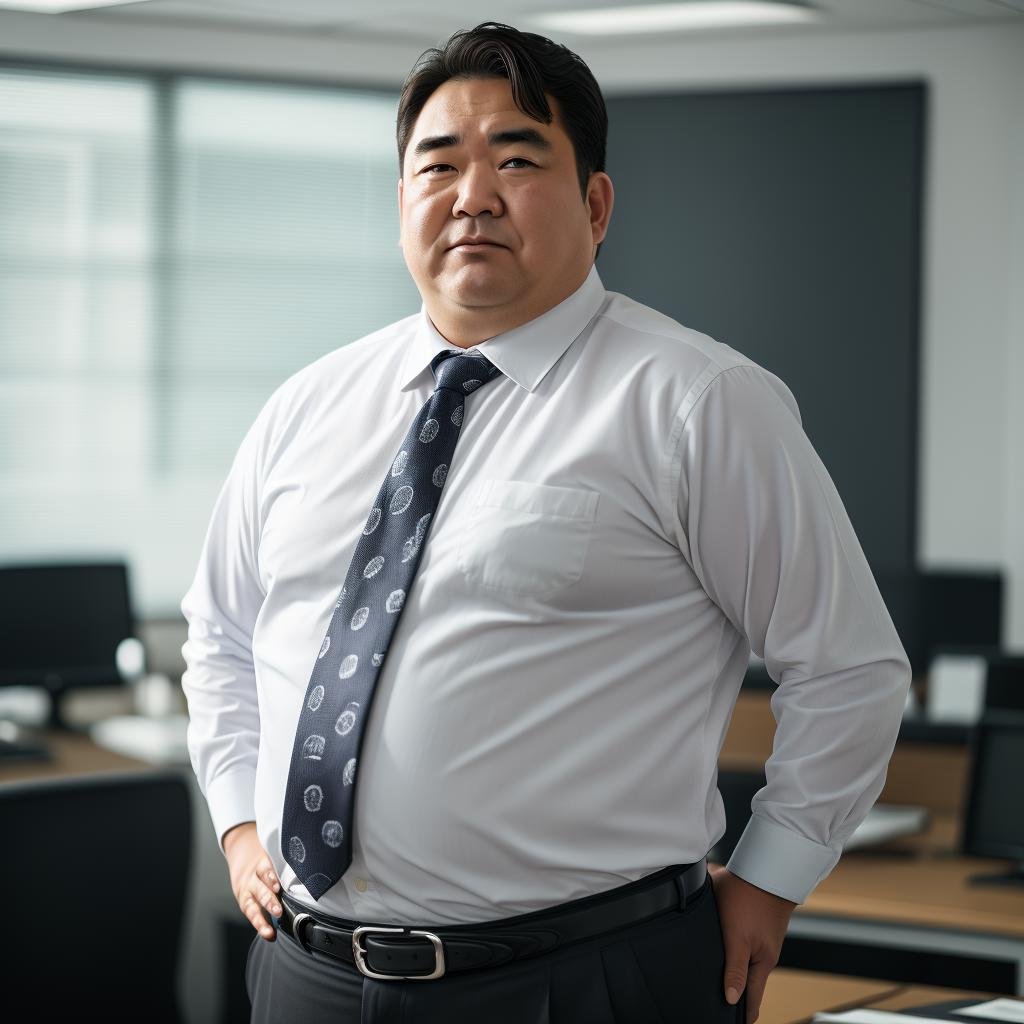 mid bear,solo, looking at viewer, shirt, black hair, long sleeves, 1boy, closed mouth, white shirt, male focus, necktie, collared shirt, belt, pants, indoors, blurry, dress shirt, blurry background, facial hair, black pants, black necktie, black belt, realistic, fat, fat man, office, salaryman,<lora:中年胖熊-000007:0.6>,