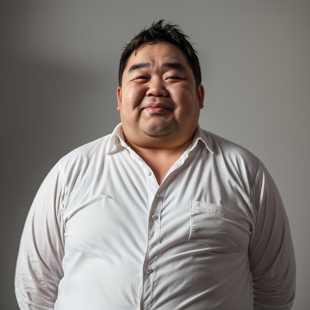 mid bear,solo,looking at viewer,short hair,simple background,shirt,black hair,1boy,white background,brown eyes,closed mouth,white shirt,upper body,male focus,collared shirt,grey background,lips,muscular,facial hair,half-closed eyes,thick eyebrows,realistic,stubble,fat,fat man,<lora:中年胖熊-000007:0.8>,