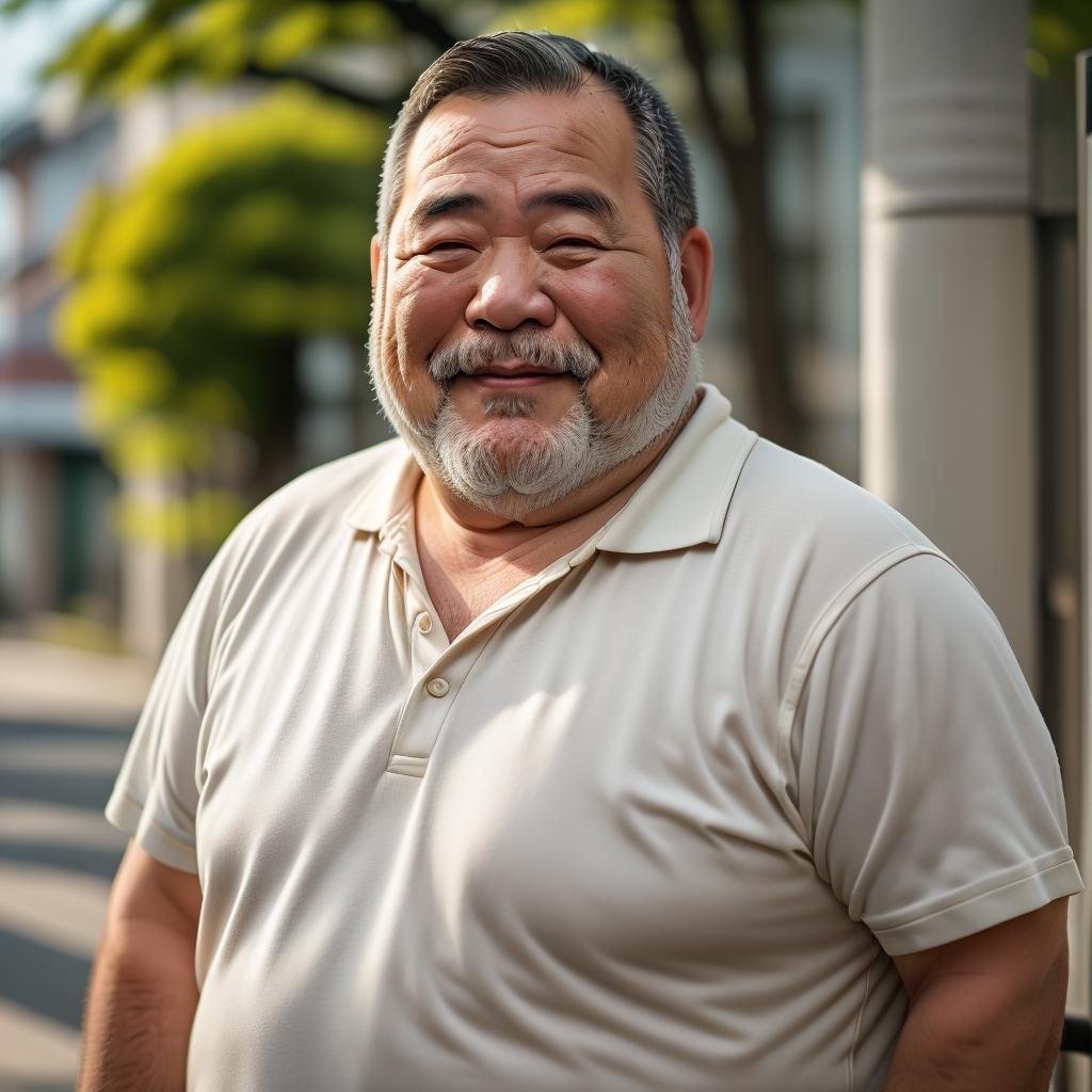 mid bear,solo, short hair, shirt, black hair, 1boy, closed eyes, white shirt, upper body, short sleeves, male focus, outdoors, parted lips, collared shirt, blurry, blurry background, facial hair, beard, meme, realistic, mustache, stubble, old, fat, old man, fat man, arm hair, wrinkled skin, ugly man,<lora:中年胖熊-000007:0.8>,