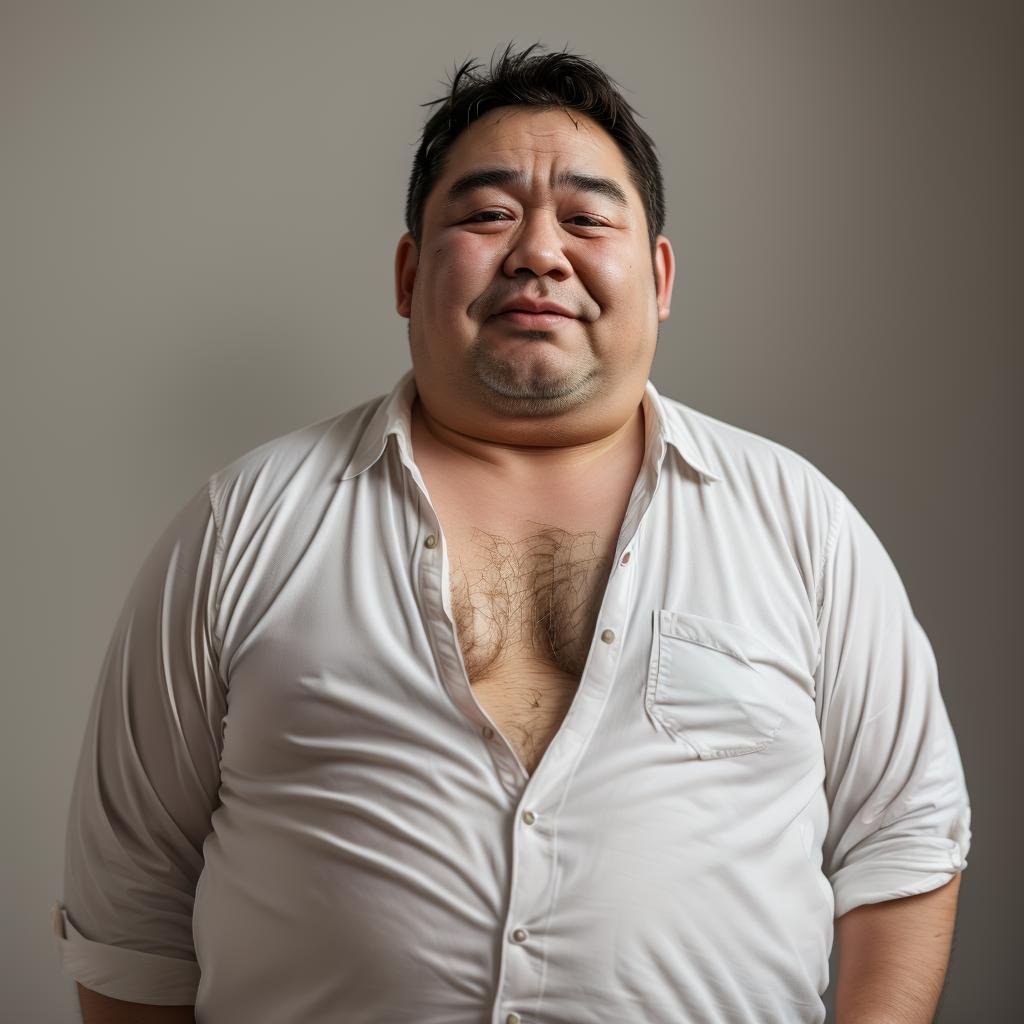 mid bear,solo, looking at viewer, short hair, simple background, shirt, black hair, 1boy, white background, brown eyes, closed mouth, white shirt, upper body, male focus, collared shirt, grey background, lips, muscular, facial hair, half-closed eyes, thick eyebrows, realistic, stubble, partially unbuttoned, fat, chest hair, fat man, arm hair, hairy, wrinkled skin,<lora:中年胖熊-000007:0.8>,