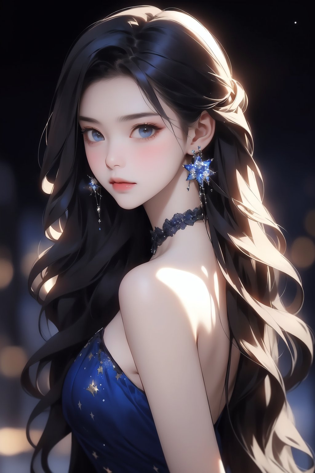 masterpiece,best quality,a woman with long hair and a blue dress with stars on it's shoulders and a black background,