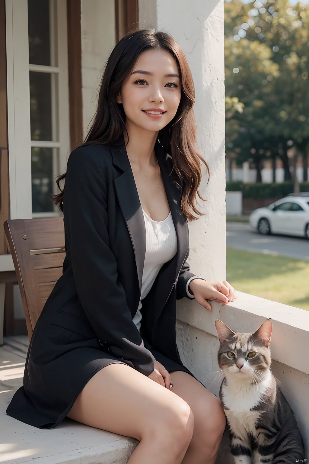  The image features a beautiful young Asian woman with long, dark hair sitting on a balcony with a cat in the background. The woman is looking into the camera with a smile on her face, her eyes sparkling with joy and contentment. Her hair is neatly styled and her makeup is natural yet enhance her features. She wears a black coat that complements her skin tone. The lighting in the image is natural and warm, casting a soft glow on the woman and the surrounding environment. The colors in the image are vibrant and rich, with the blue sky and green trees in the background providing a beautiful contrast to the woman and the cat. The style of the image is casual yet elegant, with the woman's outfit and the setting creating a relaxed and comfortable atmosphere. The quality of the image is excellent, with sharp details and smooth transitions between colors and tones. The woman's action in the image is sitting and smiling, with her hands resting on the railing. Her posture and facial expression convey a sense of happiness and contentment, as if she is enjoying a peaceful and pleasant moment. The woman's expression and the overall atmosphere of the image suggest a sense of relaxation and enjoyment. She seems to be in a good mood, perhaps enjoying a leisurely day or spending time with her cat. The image captures a moment of tranquility and happiness, making it a beautiful and memorable scene.,Film Photography