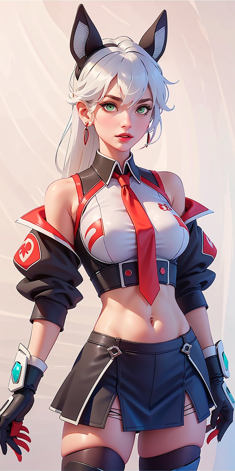 1girl, ((blank background)), vibrant colors, head and shoulders portrait, long_hair, pony_tail, pale, bangs, green_eyes, large breasts, bare_shoulder, multicolor_hair, red_hair, white_hair, (blue mecha ears), ((red tie, crop jacket sleveless, crop tshirt, gloves, elbow_gloves,)), black spats shorts, black mini_skirt, ((white background))