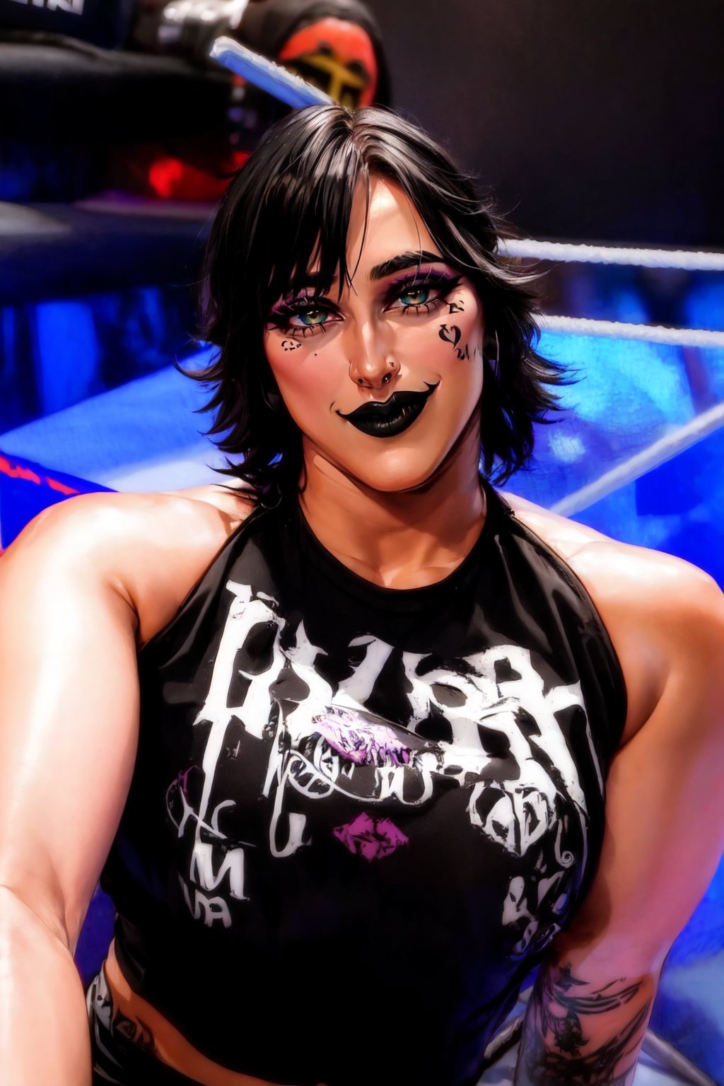 1girl, Rhea_Ripley, black hair, make-up, tattoo, arm tattoo, solo, black lips, lipstick, short hair,  black shirt, black pants, upper body, looking_at_viewer, abrstact_background