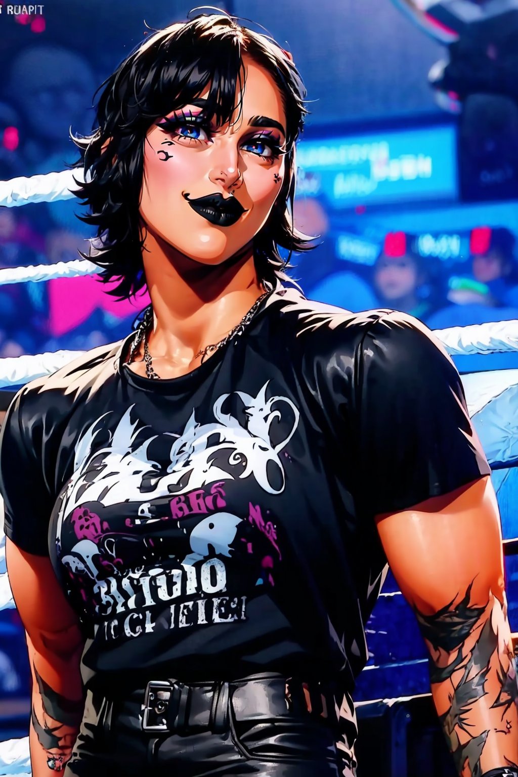 1girl, Rhea_Ripley, black hair, make-up, tattoo, arm tattoo, solo, black lips, lipstick, short hair,  black shirt, black pants, 