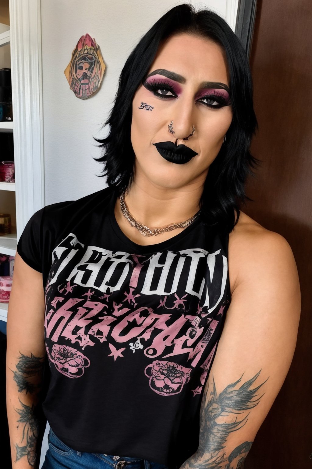 1girl, Rhea_Ripley, black hair, make-up, tattoo, arm tattoo, solo, black lips, lipstick, short hair,  black shirt, black pants, indoors, upper body, looking_at_viewer