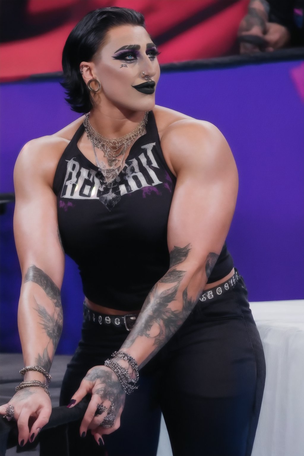 1girl, Rhea_Ripley, black hair, make-up, jewelry, tattoo, arm tattoo, solo, black lips, lipstick, short hair, necklace, earrings, bracelet, black shirt, black pants