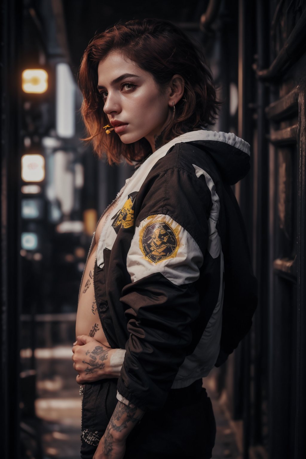 Best quality, masterpiece, 1boy, big boob , red hair, short hair, yellow eyes, spiky hair, tattoos, black pants, upper body, ear piercings, blue and white bomber jacket, profile picture, smoking,CyberpunkWorld