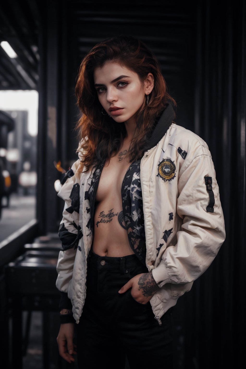 Best quality, masterpiece, 1boy, big boob , red hair, brided long hair, yellow eyes, spiky hair, tattoos, black pants, upper body, ear piercings, blue and white bomber jacket, profile picture, smoking,CyberpunkWorld