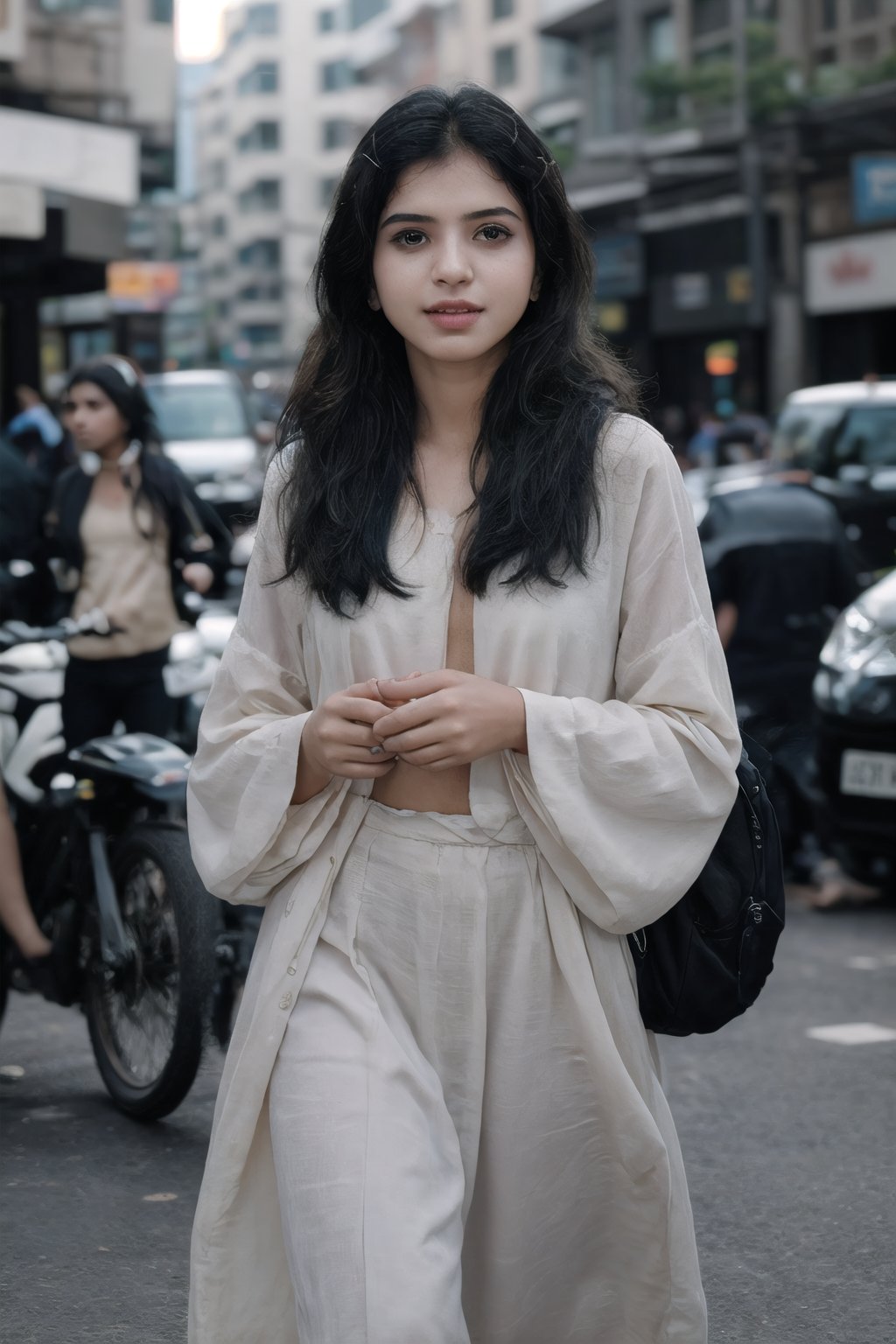 18yo girls road crossing, Crowd city, girls walking , bikes, car, Bus, busy cityCreate an realistic concept centered around a modern indian girl with fair skin with enchanting and timeless beauty. Her expressive eyes are windows to a world of emotion, her captivating smile leaves an indelible mark, and her flowing hair is a visual poetry. Explore how her gentle touch creates an aura that infuses every shared moment with a sense of destiny and magic. Develop the storyline, characters, and the world in which this enchanting girl exists, and let her presence be a driving force behind the themes and narrative. ,Realism, Mallugirl, Thrissur, Very crowded city,photorealistic,20 to mallu girl