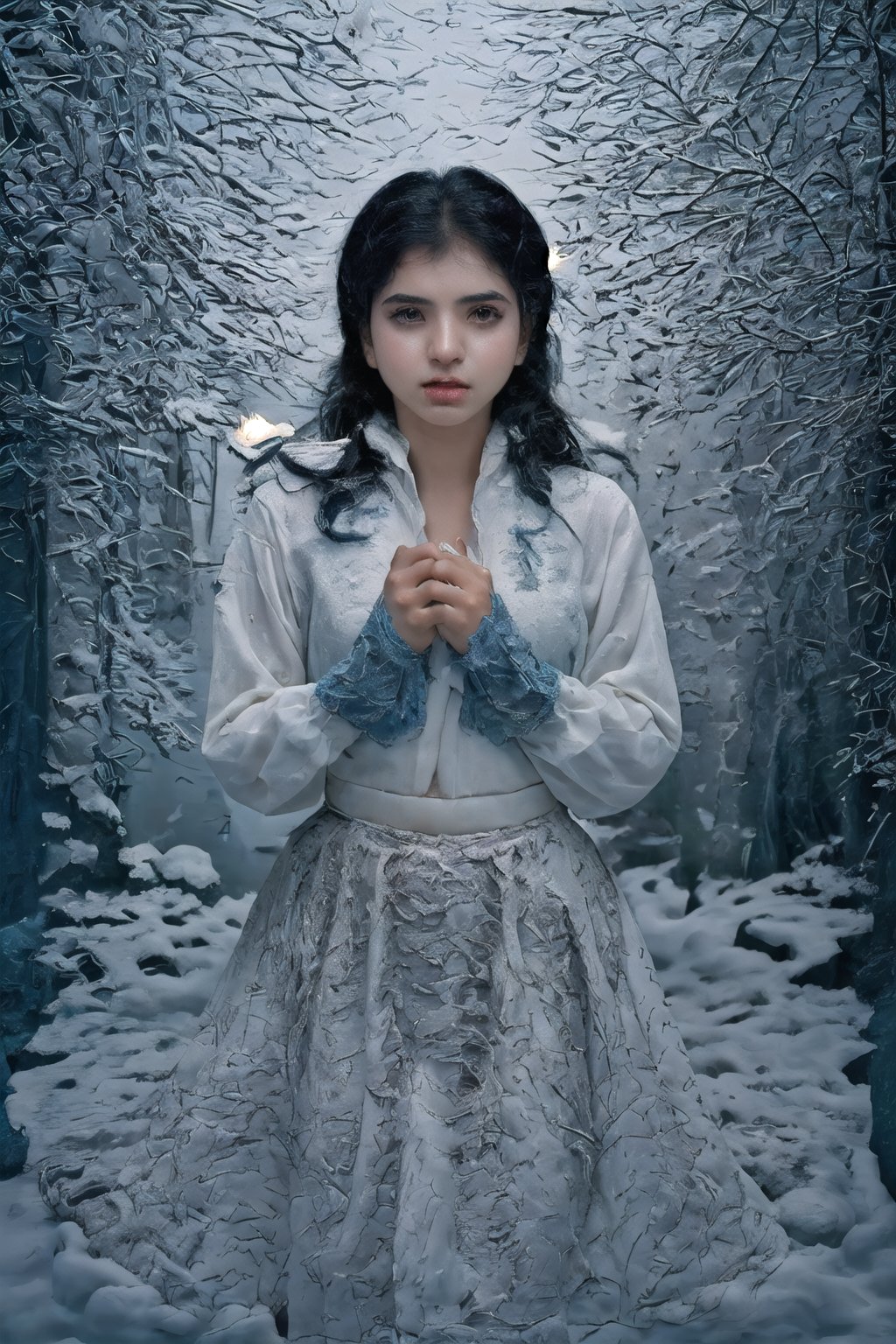 Illustrate a girl with the power of ice, featuring , , clean-black hair and pricneess costume, , set in a snowy landscape. Emphasize (((intricate details))), (((highest quality))), (((extreme detail quality))), and a (((captivating winter composition))). Use a palette of cool blues and whites, drawing inspiration from artists like Artgerm, Sakimichan, and Stanley Lau,midjourney,GdClth,Indian,1girl,20 to mallu girl