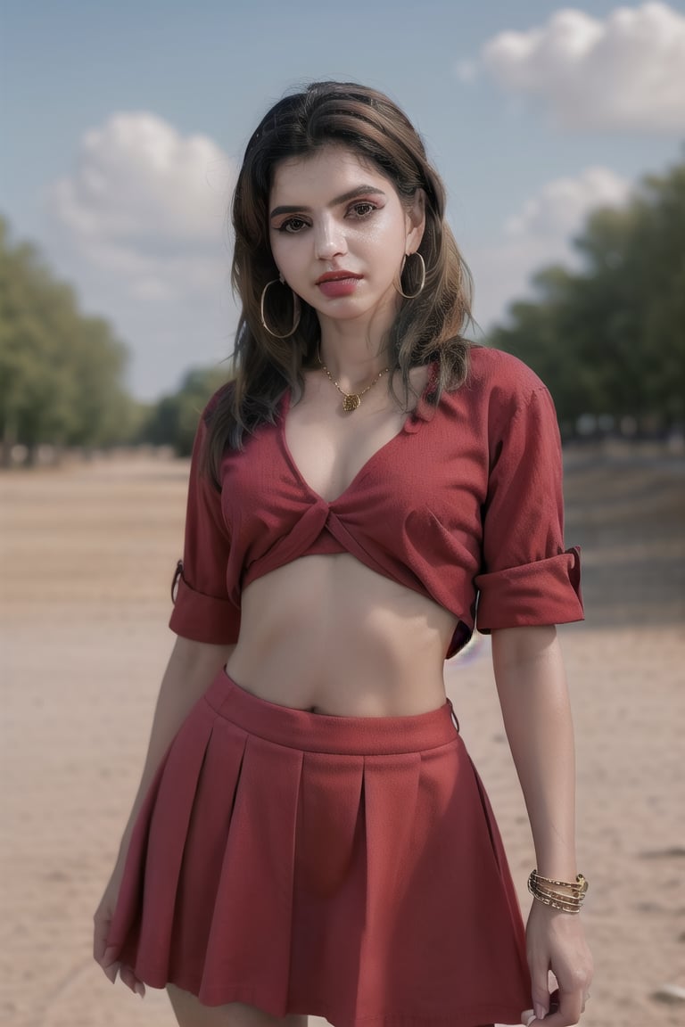 1girl, solo, brown skin, long hair, looking at viewer, skirt, shirt, black hair, navel, brown eyes, jewelry, standing, weapon, short sleeves, cowboy shot, earrings, outdoors, sky, day, midriff, puffy sleeves, cloud, necklace, stomach, blurry, bracelet, blue sky, lips, crop top, depth of field, blurry background, red skirt, red shirt, forehead, hoop earrings, realistic
