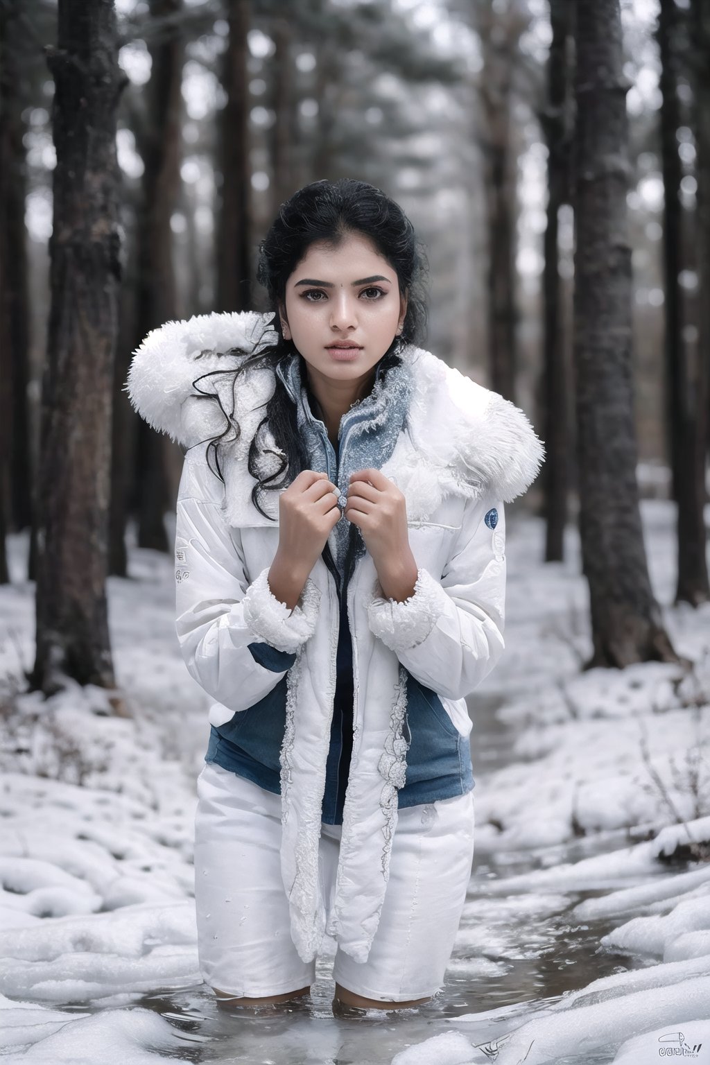 Illustrate a girl with the power of ice, featuring , , clean-black hair and pricneess costume, , set in a snowy landscape. Emphasize (((intricate details))), (((highest quality))), (((extreme detail quality))), and a (((captivating winter composition))). Use a palette of cool blues and whites, drawing inspiration from artists like Artgerm, Sakimichan, and Stanley Lau,midjourney,GdClth,Indian,1girl,20 to mallu girl