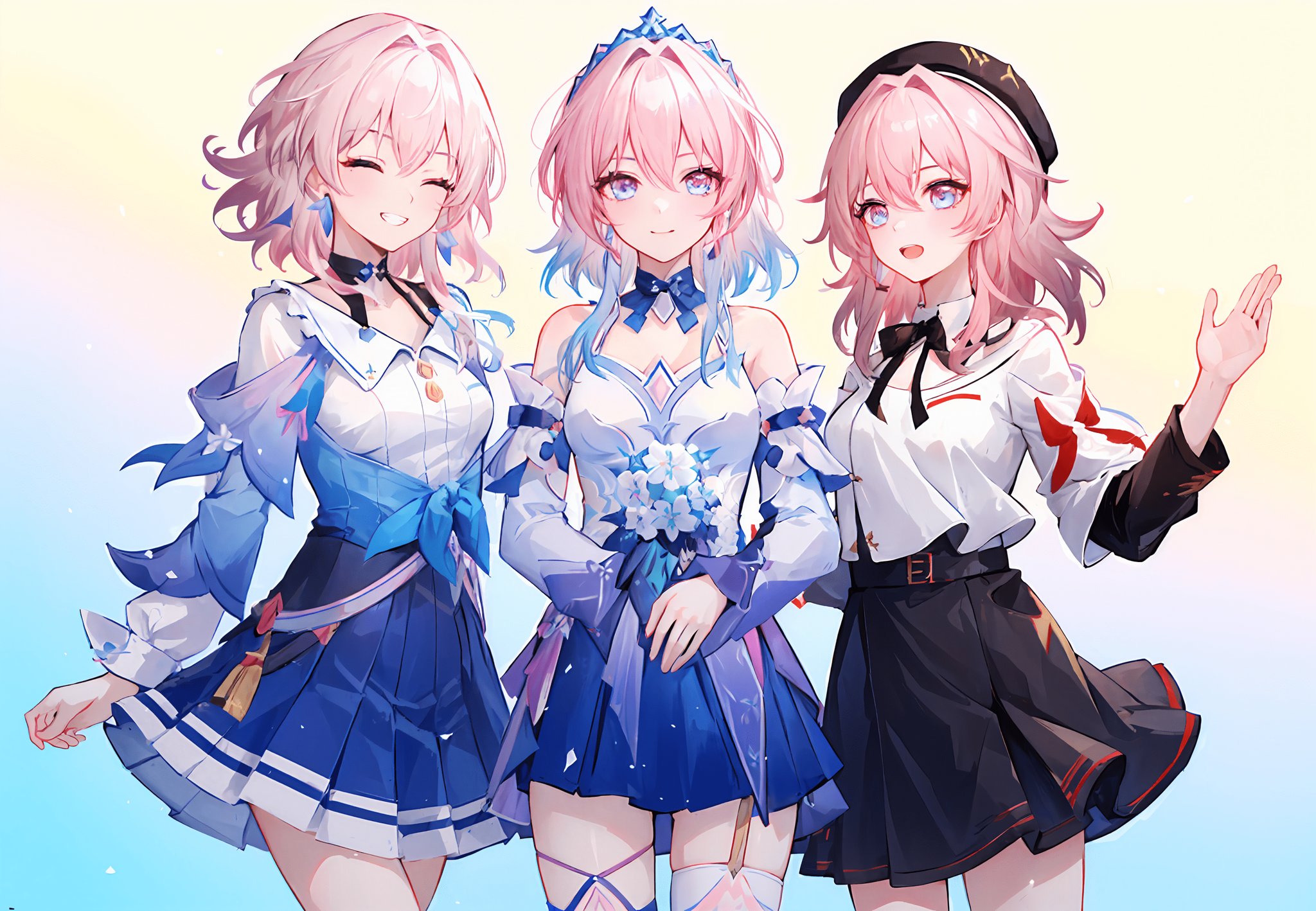 ((masterpiece,best quality)), 3girls, gradient background ADDCOMM1girl, march7th, grin, one eye closed, camera ADDCOL1girl, march7thfest, white thighhighs, smile, closed mouth ADDCOL1girl, march7thkfc, beret, open mouth