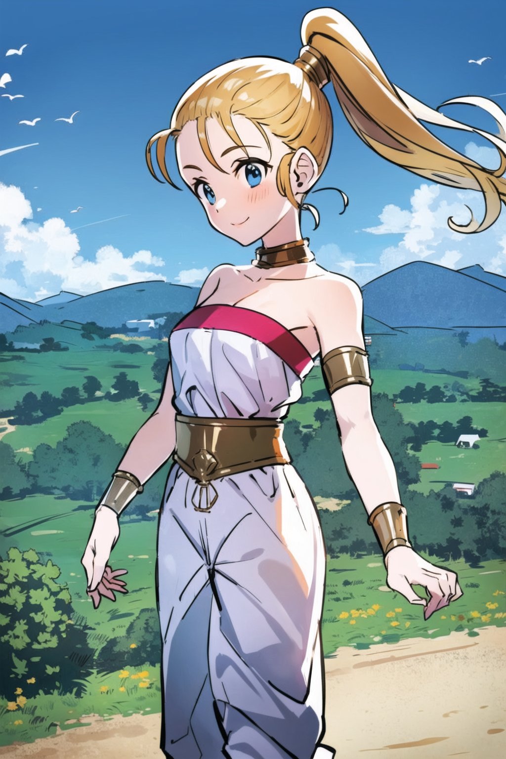 marle, happy, solo, cowboy shot, looking at viewer, ponytail, strapless, armlet, white puffy pants, hill, valley, sky, masterpiece, best quality