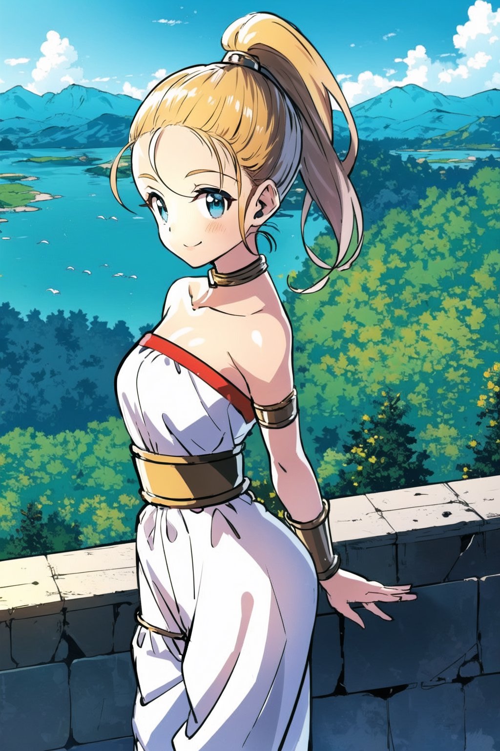 marle, happy, solo, cowboy shot, looking at viewer, ponytail, strapless, armlet, white puffy pants, hill, valley, sky, masterpiece, best quality