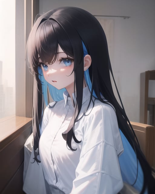 very long hair,dark hair,light blue colored inner hair,, masterpiece,1girl,cute