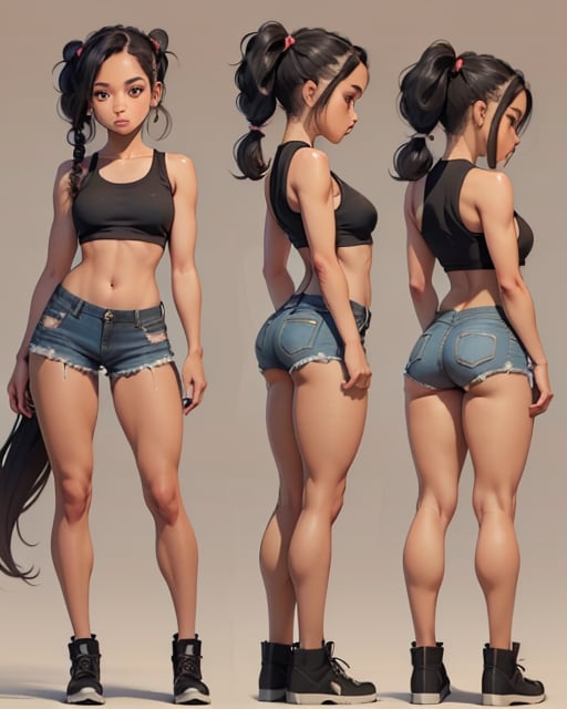 (masterpiece, best quality), 1girl, tan skin, (black hair, pigtails), flat chest, black tank, short jean, simple backgound


 character sheet, model sheet, turnaround, multiple views of the same character
