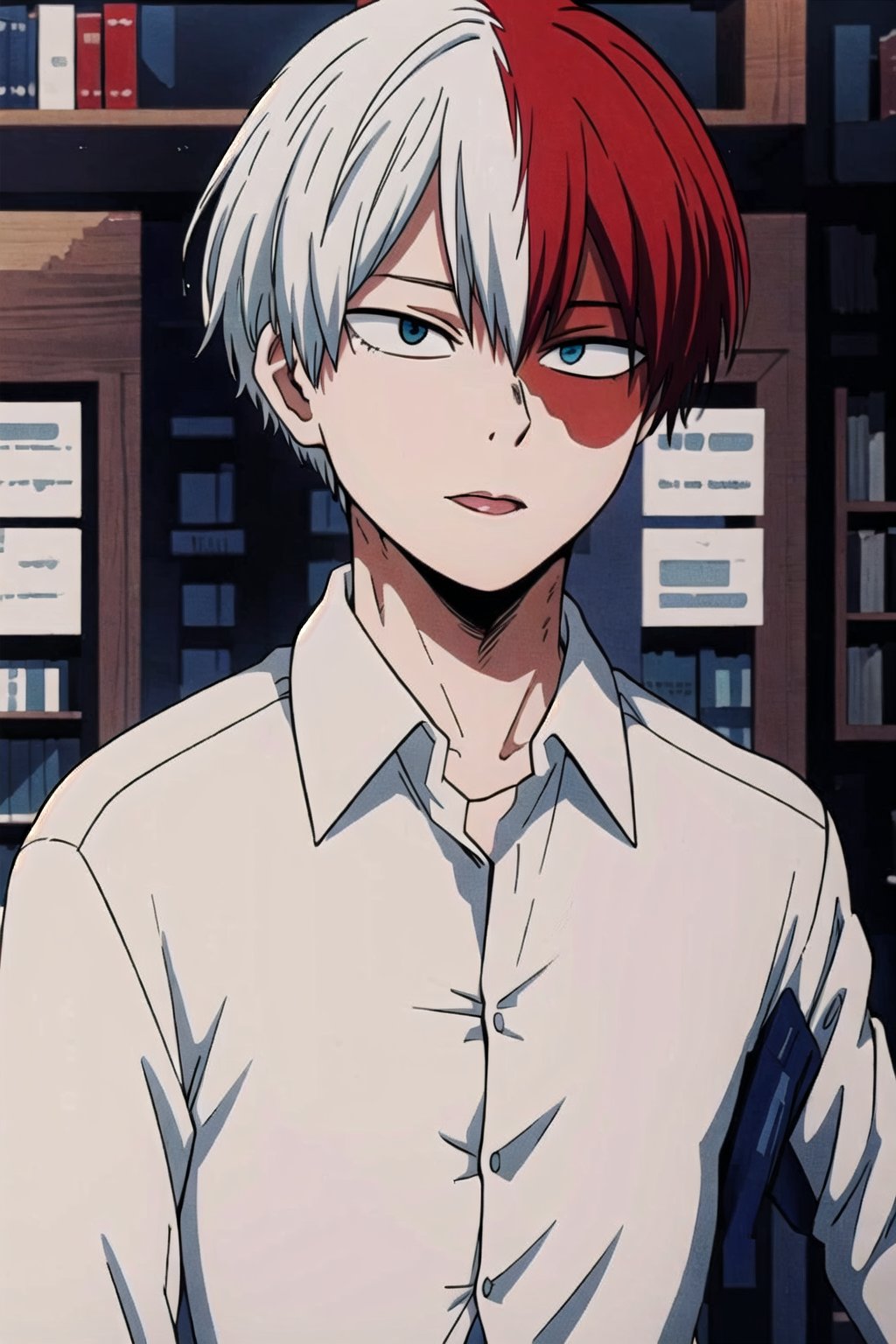 1boy,red and white hair, Short hair ,blue eyes, grey eyes, short hair, white shirt, library, upper body ,Blue eyes,Grey eyes ,Red and white hair