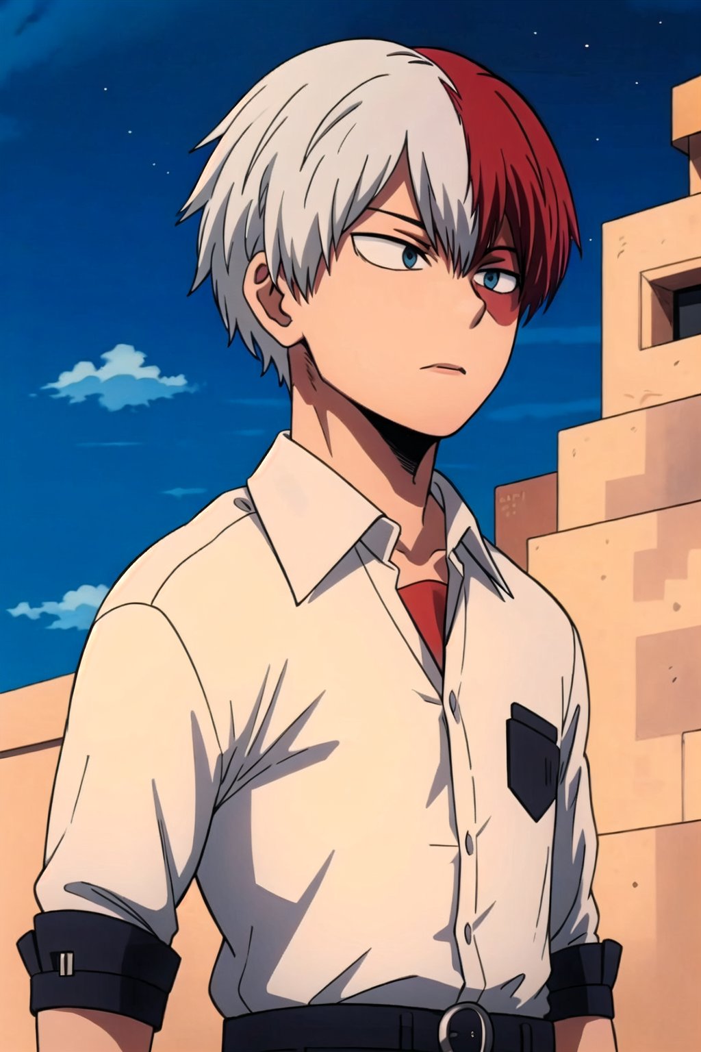 1boy,Blue eyes,Grey eyes ,Red and white hair, white shirt, standing, sky, upper body 