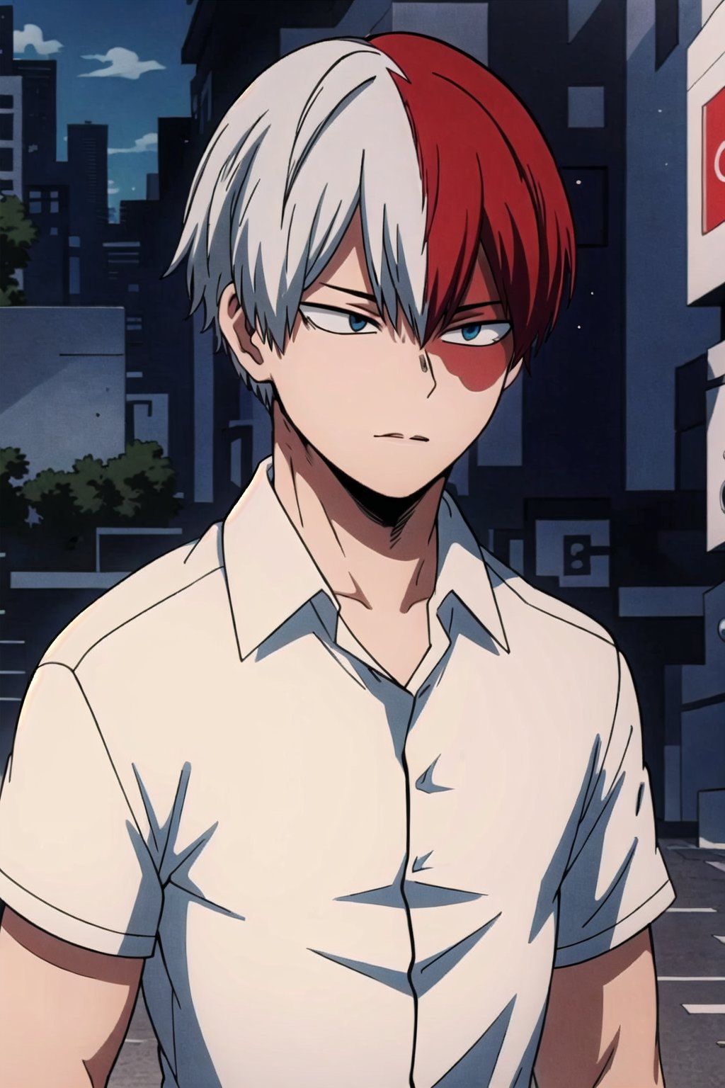 1boy,red and white hair, Short hair ,blue eyes, grey eyes, short hair, white shirt, street, upper body ,Blue eyes,Grey eyes 