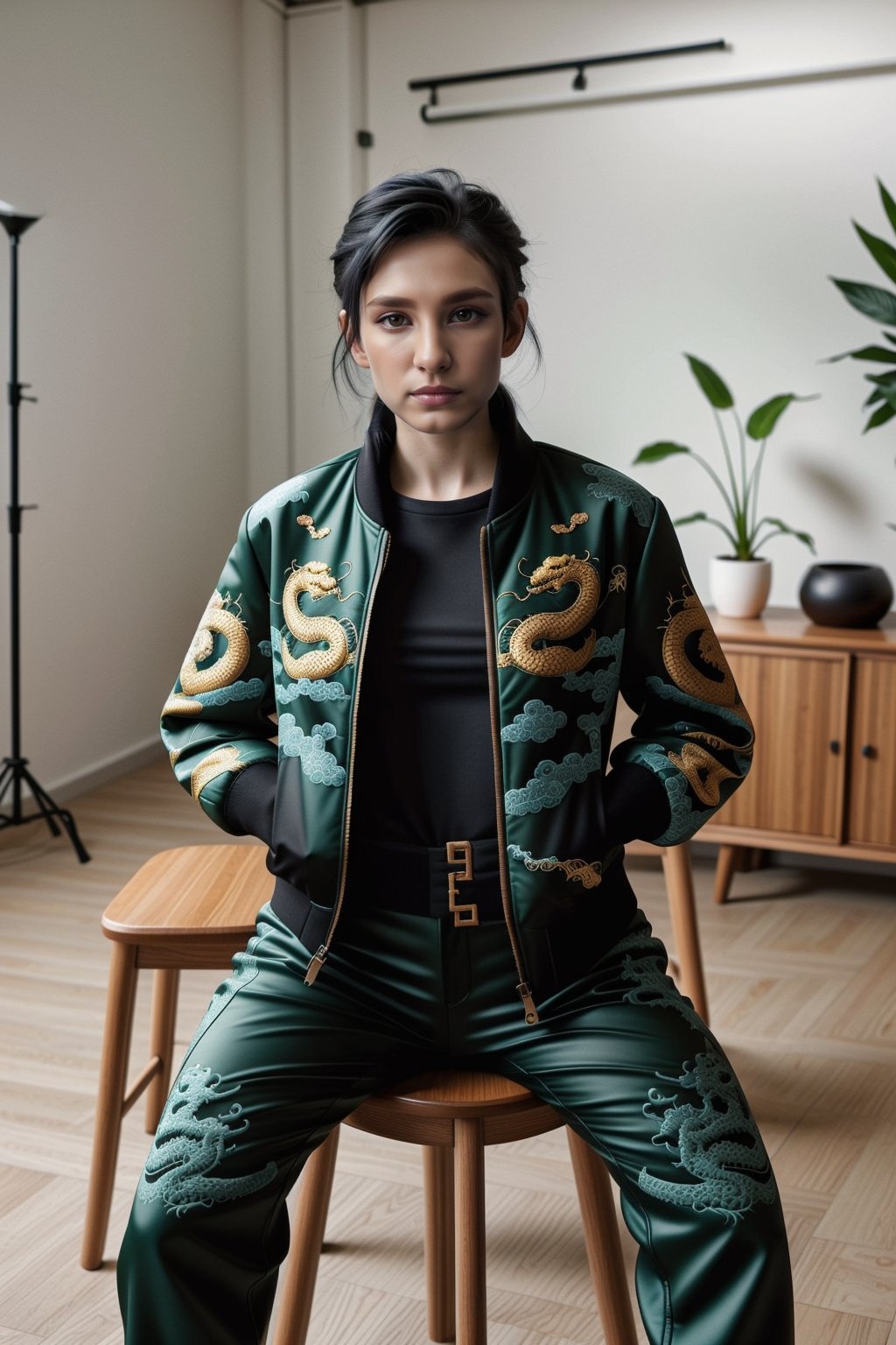 wo_dragonjacket02, upper body, sitting on a stool, black pixie hair, woman wearing a green dragon jacket and black pants, in a photoshoot with solid white background, solo, 8k, masterpiece, award-winning photography, high resolution,<lora:659111690174031528:1.0>