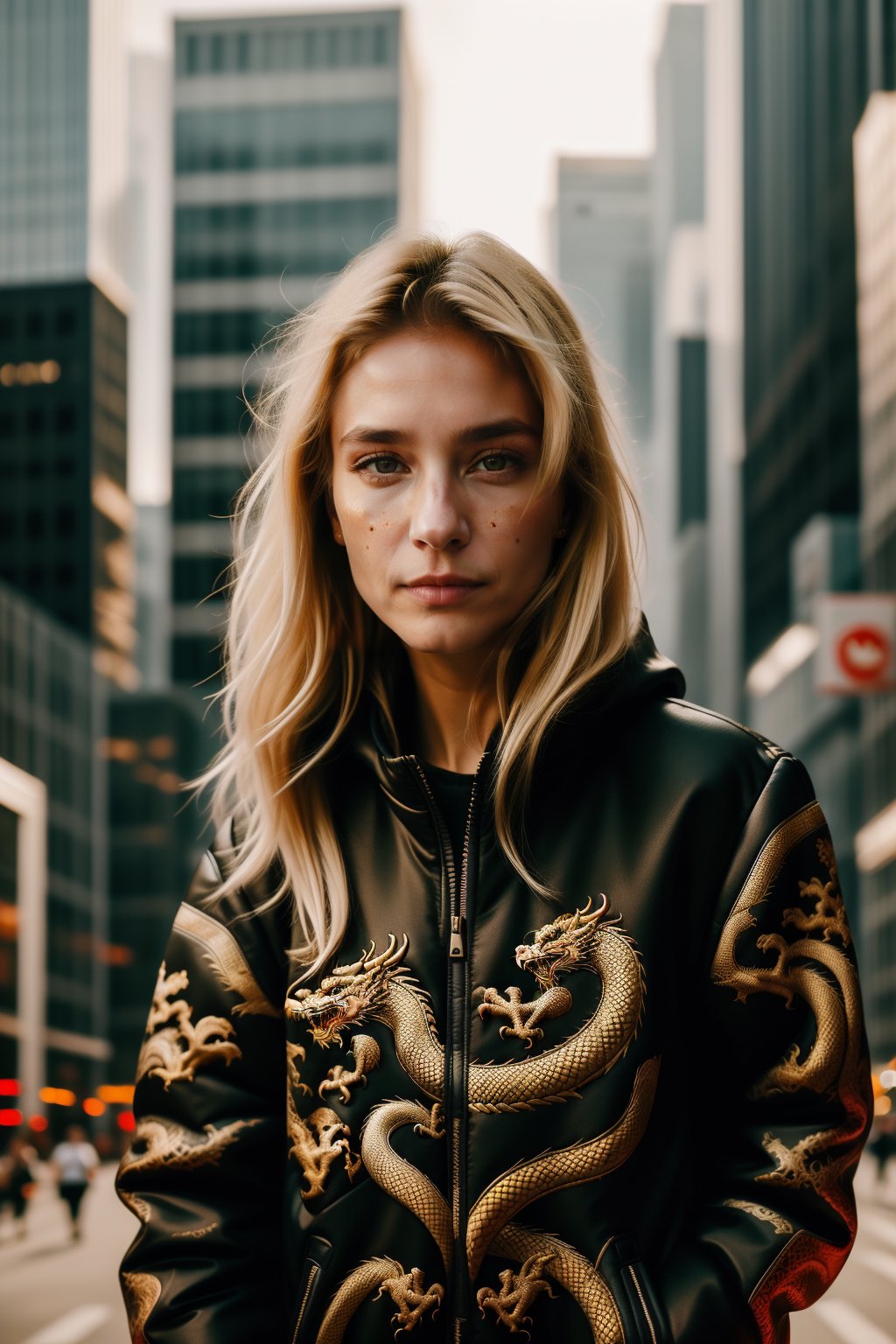 wo_dragonjacket02, upper body, (facing the camera:1.5), a blonde woman wearing a black dragon jacket with a dragon on it, in the city, solo, 8k, masterpiece, award-winning photography, high resolution