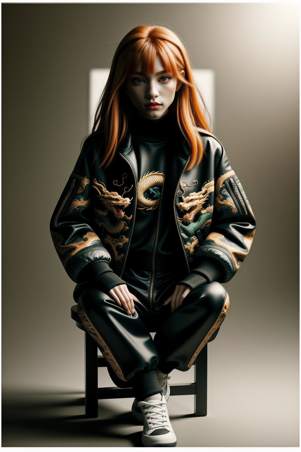 wo_dragonjacket02, upper body, sitting on a stool, a ginger woman wearing a green dragon jacket and black pants, in a photoshoot with solid white background, solo, 8k, masterpiece, award-winning photography, high resolution,<lora:659111690174031528:1.0>