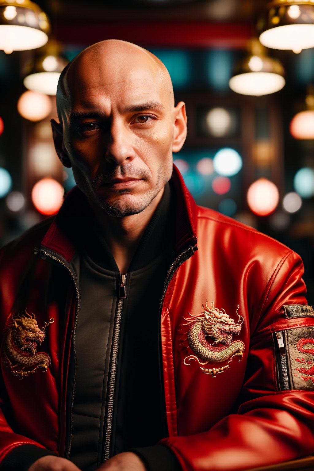 wo_dragonjacket02, ((soft light)), (facing the camera), a bald man, in a bar, wearing a red dragon jacket, 8k, masterpiece, award-winning photography, high resolution