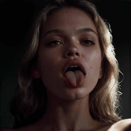 analog photo by Ilford Delta ,closeup photo in beam of sunlight, shadow casting gorgeous goddess sasha luss showing tongue  <lora:tongue_v11:1>