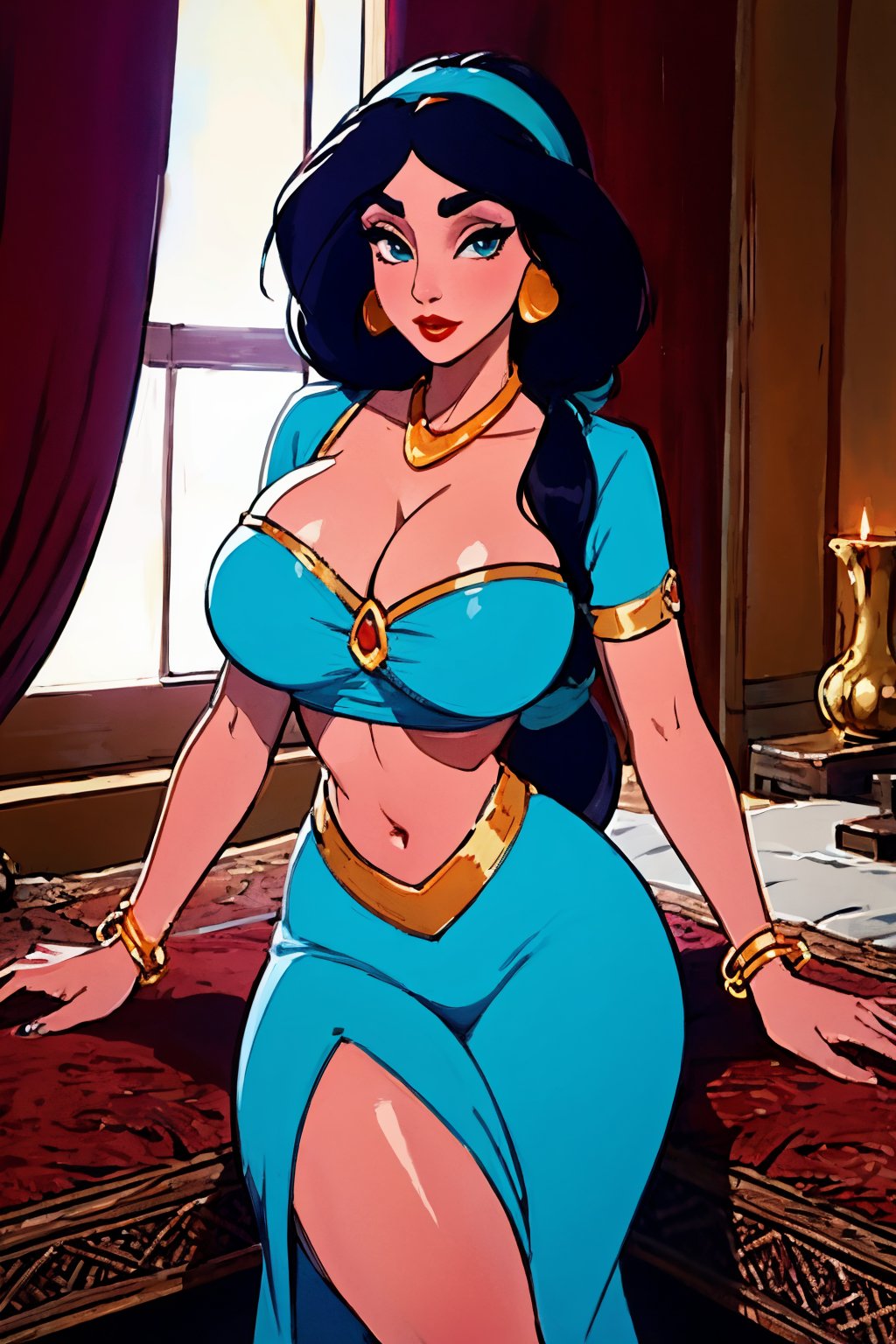 (masterpiece:1.2), (high detailed skin:1.1), ( high quality:1.1),  jasmine,  arabian clothes,  eyes,  multi-tied hair,  low-tied long hair,  very long hair,  thick eyebrows,  necklace,  bracelet,  big hair,  blue shirt,  red lips,  hairband,  makeup,  aqua belly dancer outfit,  jewlery, midriff,  (huge breast,  curvy:1.1),  (looking at viewer:1.1),  (ambient lighting:1.1),  Arabian palace, jasmine,<lora:EMS-272567-EMS:0.700000>